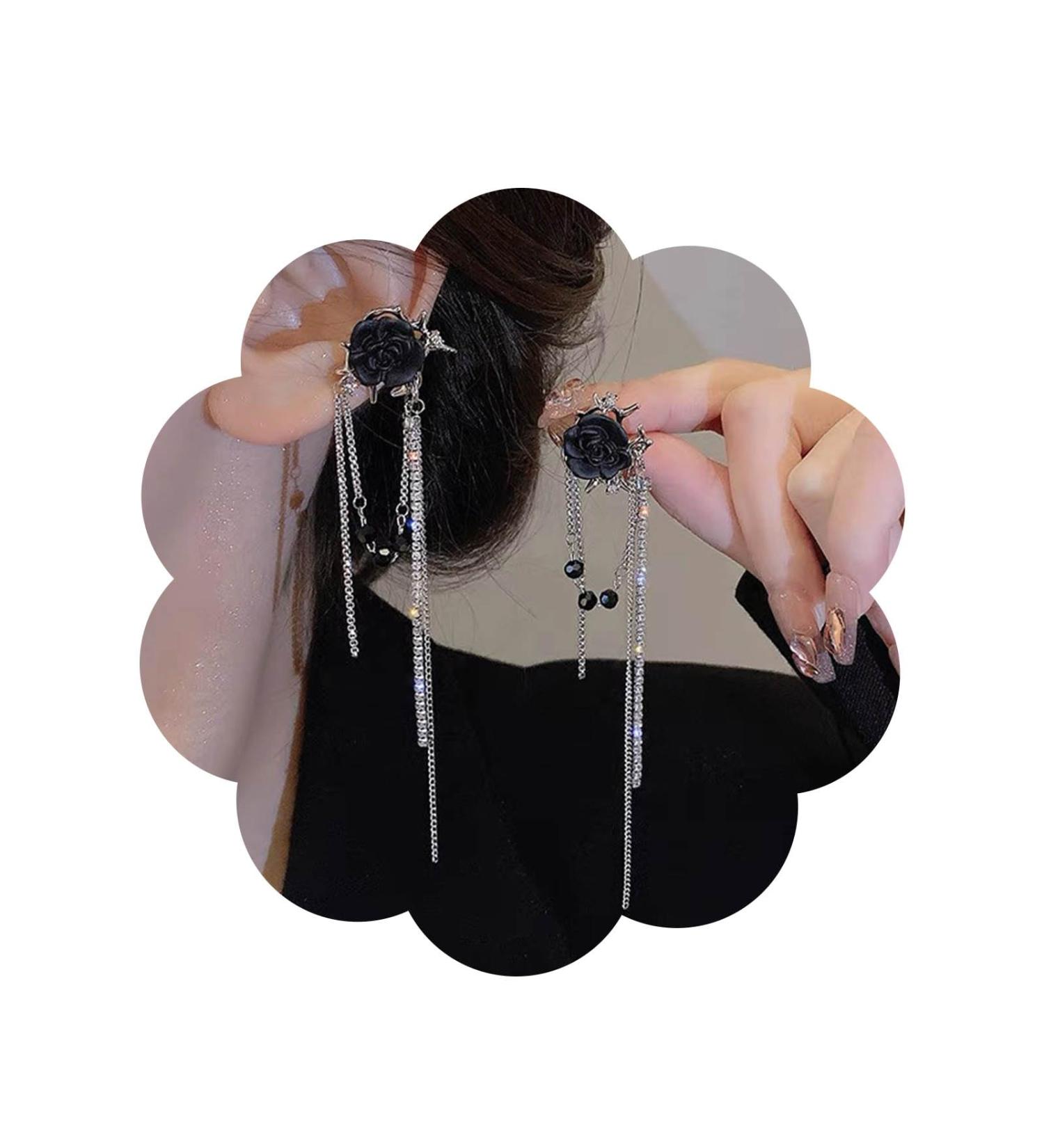 Punk Black Rose Flower Earrings | Rhinestone Chain Drop Tassel Earrings for Women | Silver CZ Ear Cuff Jewelry - Buy Online on GoSupps.com