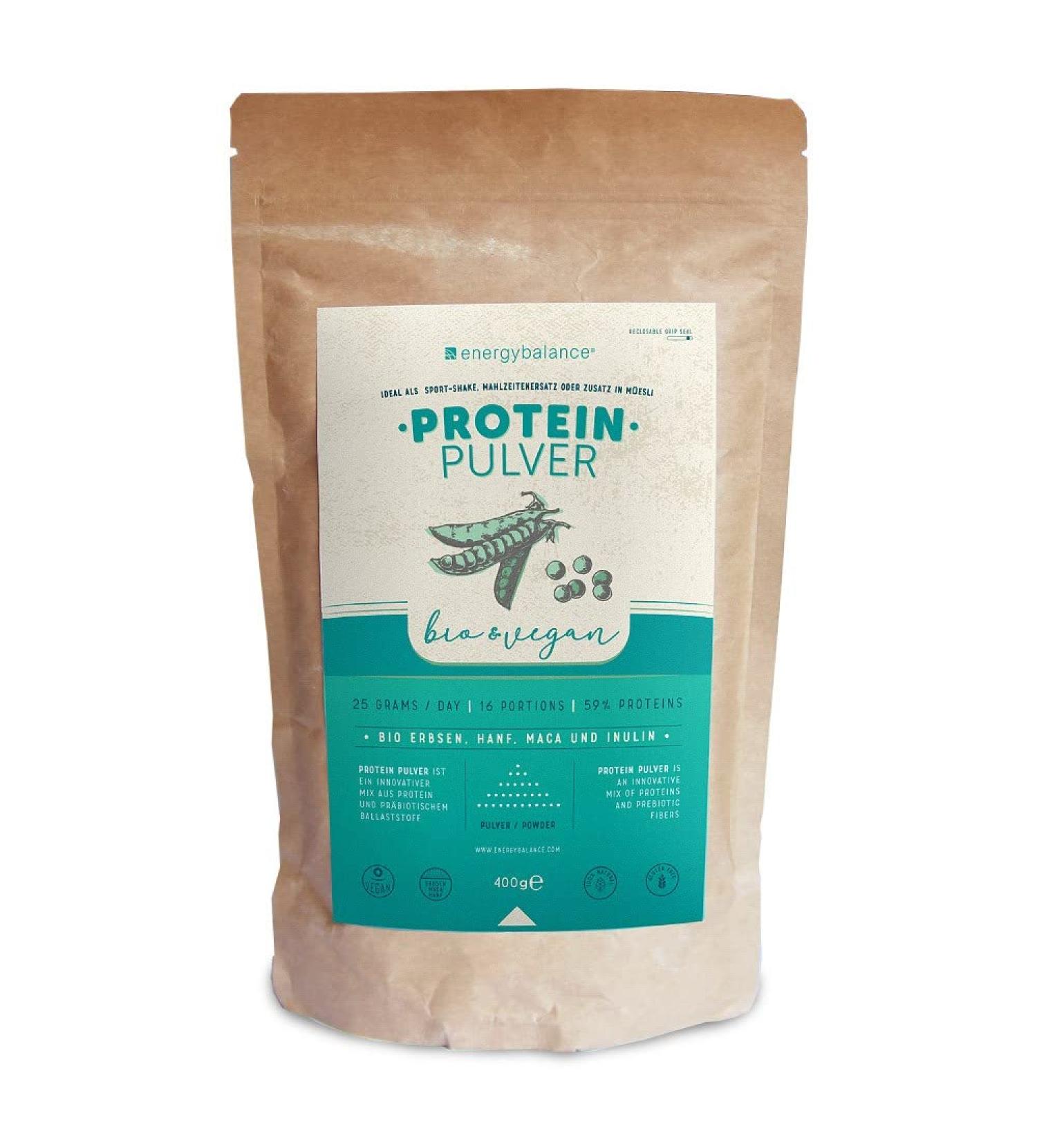 EnergyBalance Organic and vegan protein powder made from peas hemp seeds and maca. With inulin. 16 servings 400g