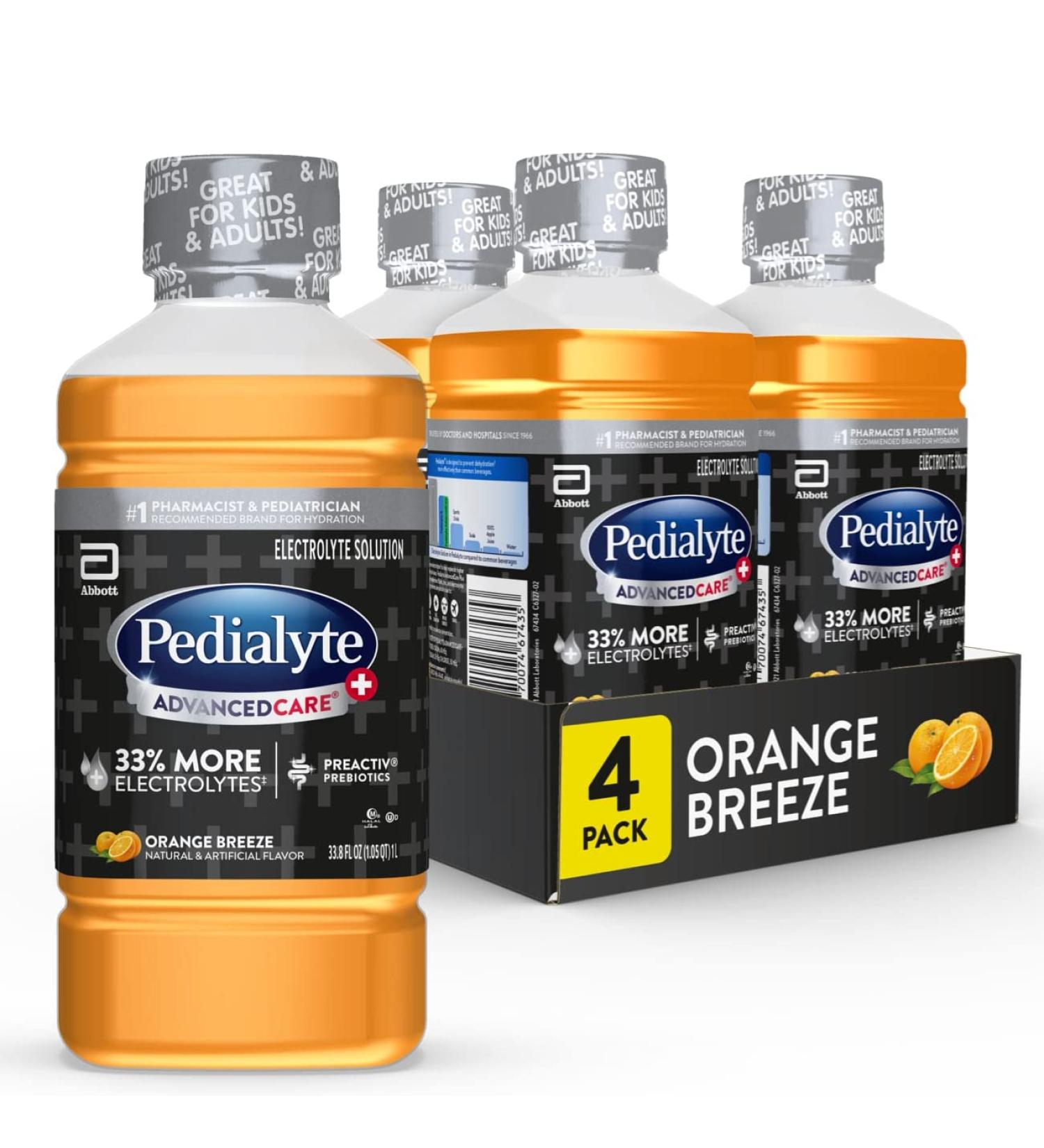 Pedialyte AdvancedCare Plus Electrolyte Drink - 1L with 33% More Electrolytes & PreActiv Prebiotics - Orange Breeze (4 Count) - Buy Online on GoSupps.com