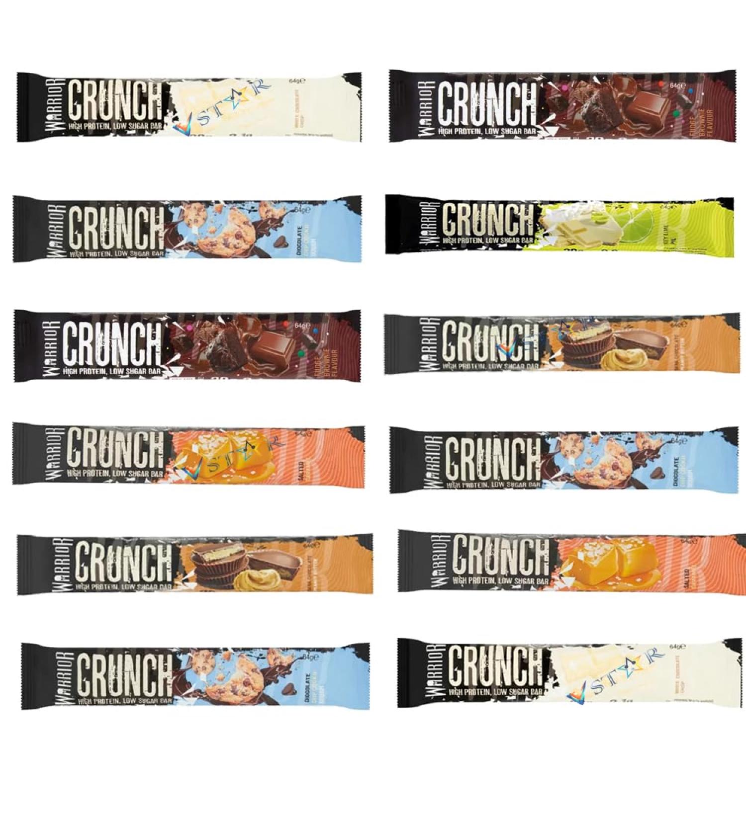 Warrior Crunch Chocolate Chip Cookie Dough High Protein Low Sugar Bar Fudge Browni & White Chocolate Crisp Protein Bar 64g (Pack of 12 Random Mixed) Random Mixed Pack of 12