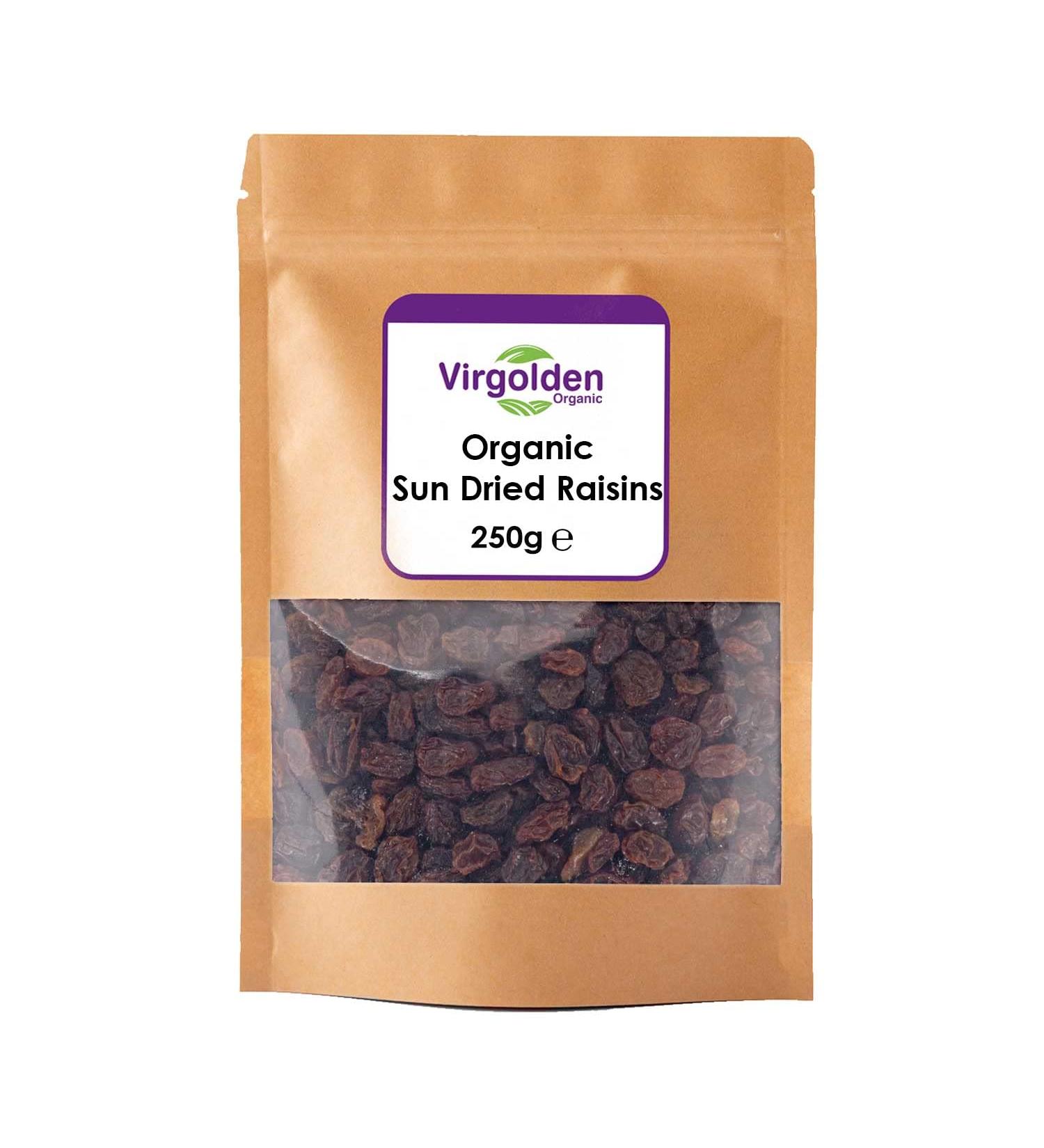 Organic Sun Dried Raisins 250g by Virgolden Organic - Fibre-Rich & Vegan-Friendly for Baking, Desserts, and Breakfast - Buy Online on GoSupps.com