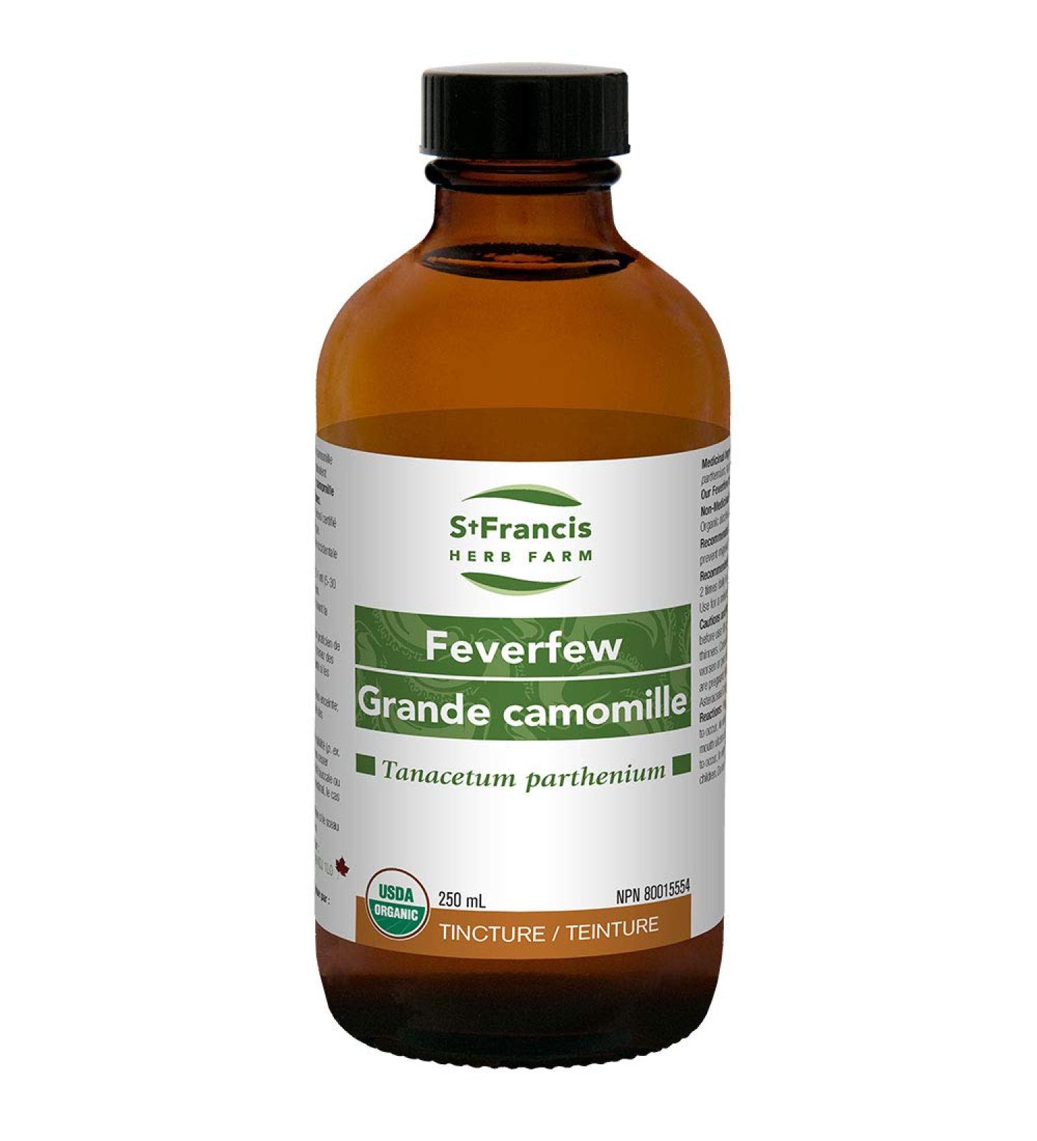 St Francis Herb Farm - Feverfew (Tanacetum parthenium tops) Certified Organic Herbal Tincture Extract used aptly enough for fever and also for headaches menstrual irregularities tinnitus vertigo nausea and vomiting and to prevent migraines (250 ml)