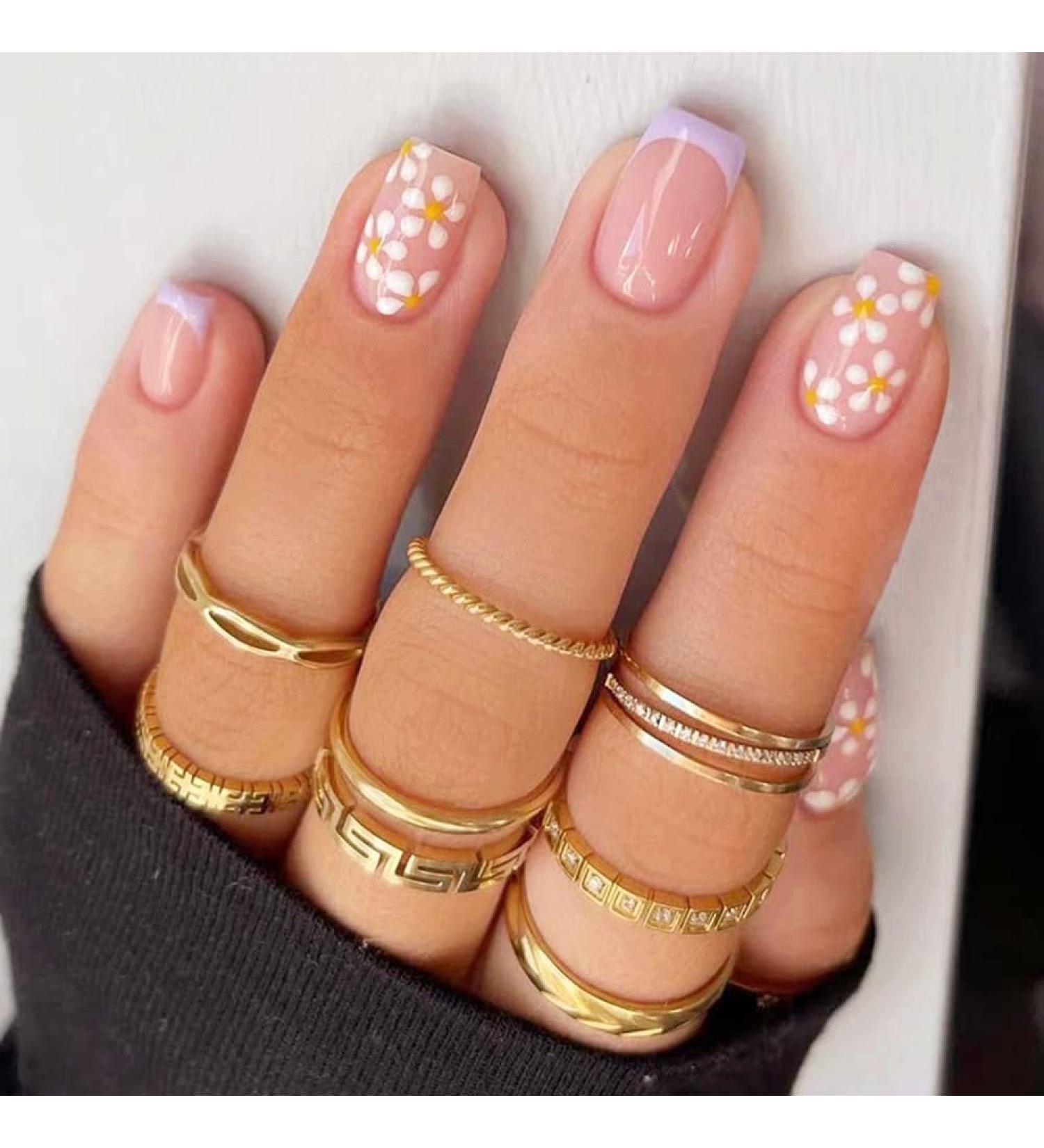 24Pcs Flower Design French Square Short Press on Nails | Pink Fake Nails with Nail Glue | Full Cover Artificial False Nails for Women and Girls - Buy Online on GoSupps.com