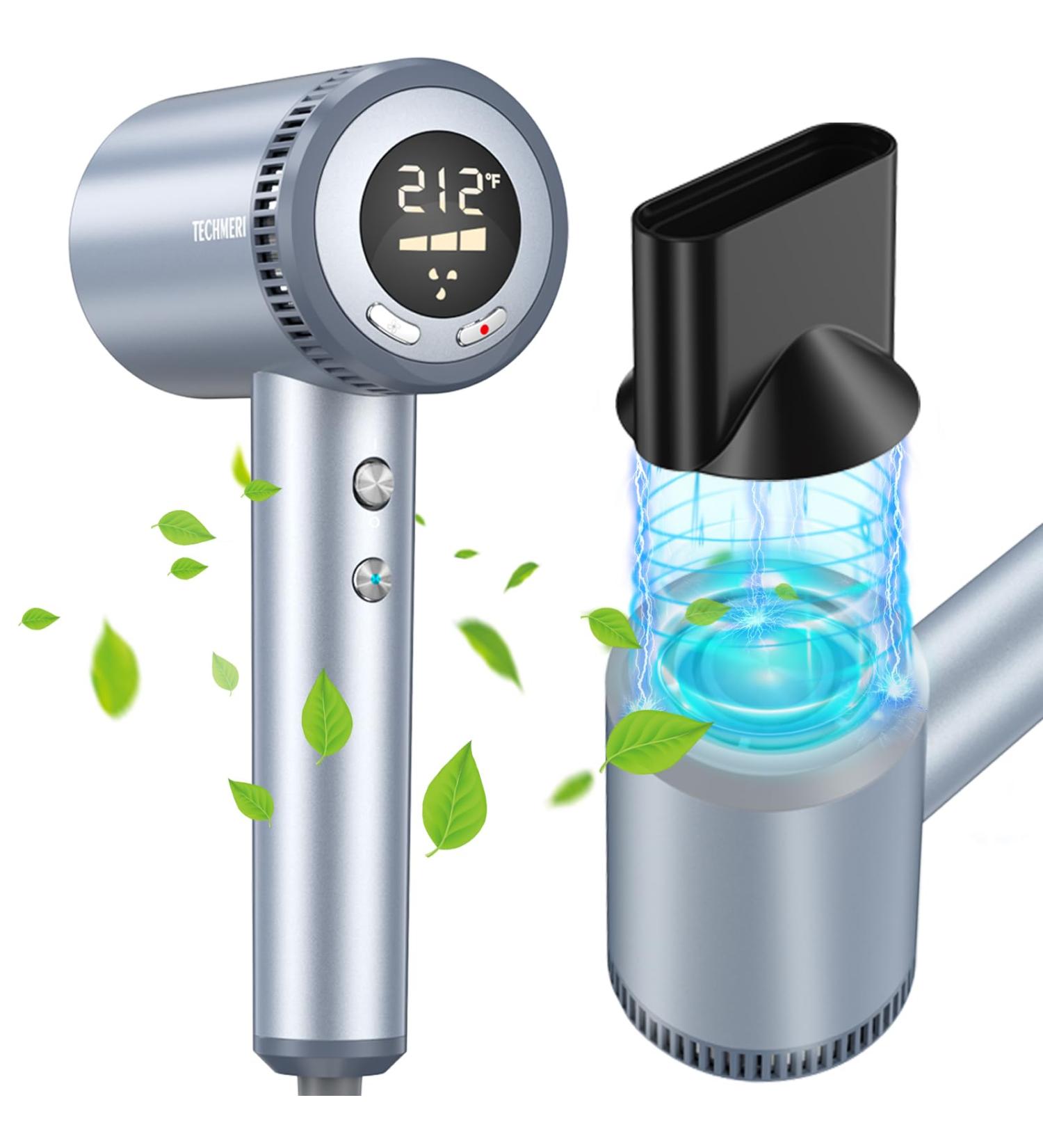 Hair Dryer TECHMERI Ionic Blow Dryer 110 000 RPM High-Speed Brushless Motor Professional Hair Blow Dryer for Fast Drying Thermo-Control Hair Dryers with Nozzle LCD Display Silver Blue - Buy Online on GoSupps.com