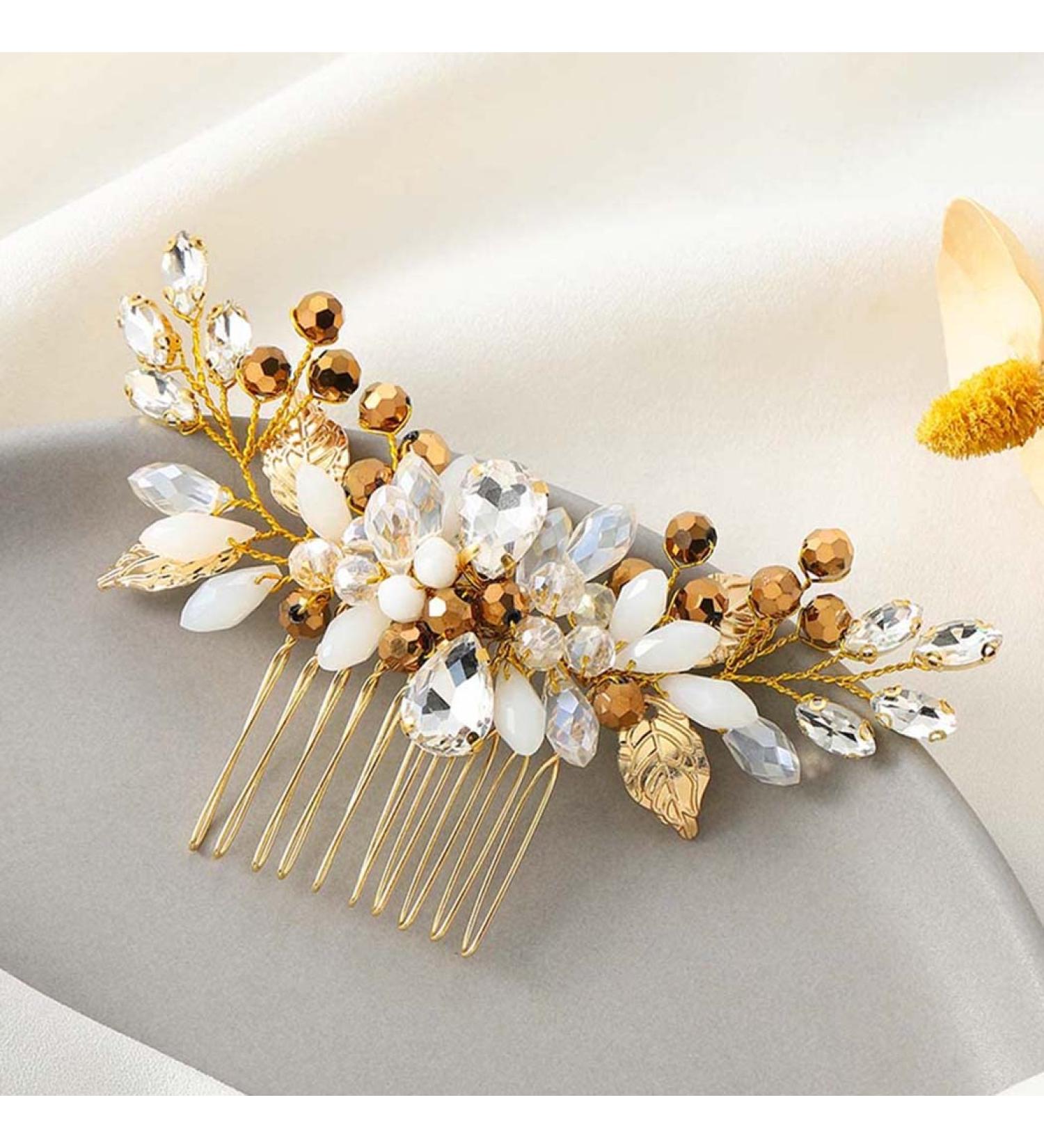 Crystal Bride Wedding Hair Comb Rhinestone Side Comb - Gold Leaf Hair Accessory for Women - Buy Online on GoSupps.com
