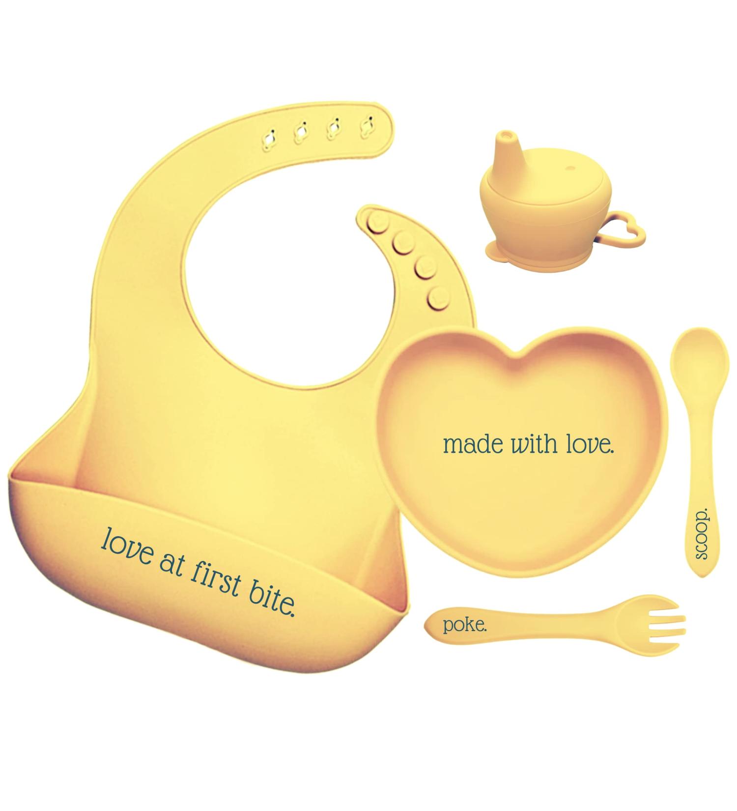 5-Piece Heart Shaped Silicone Feeding Set for Baby & Toddler - Bib, Plate/Bowl, Fork & Spoon, Sippy Cup Lid (Mustard) - Buy Online on GoSupps.com