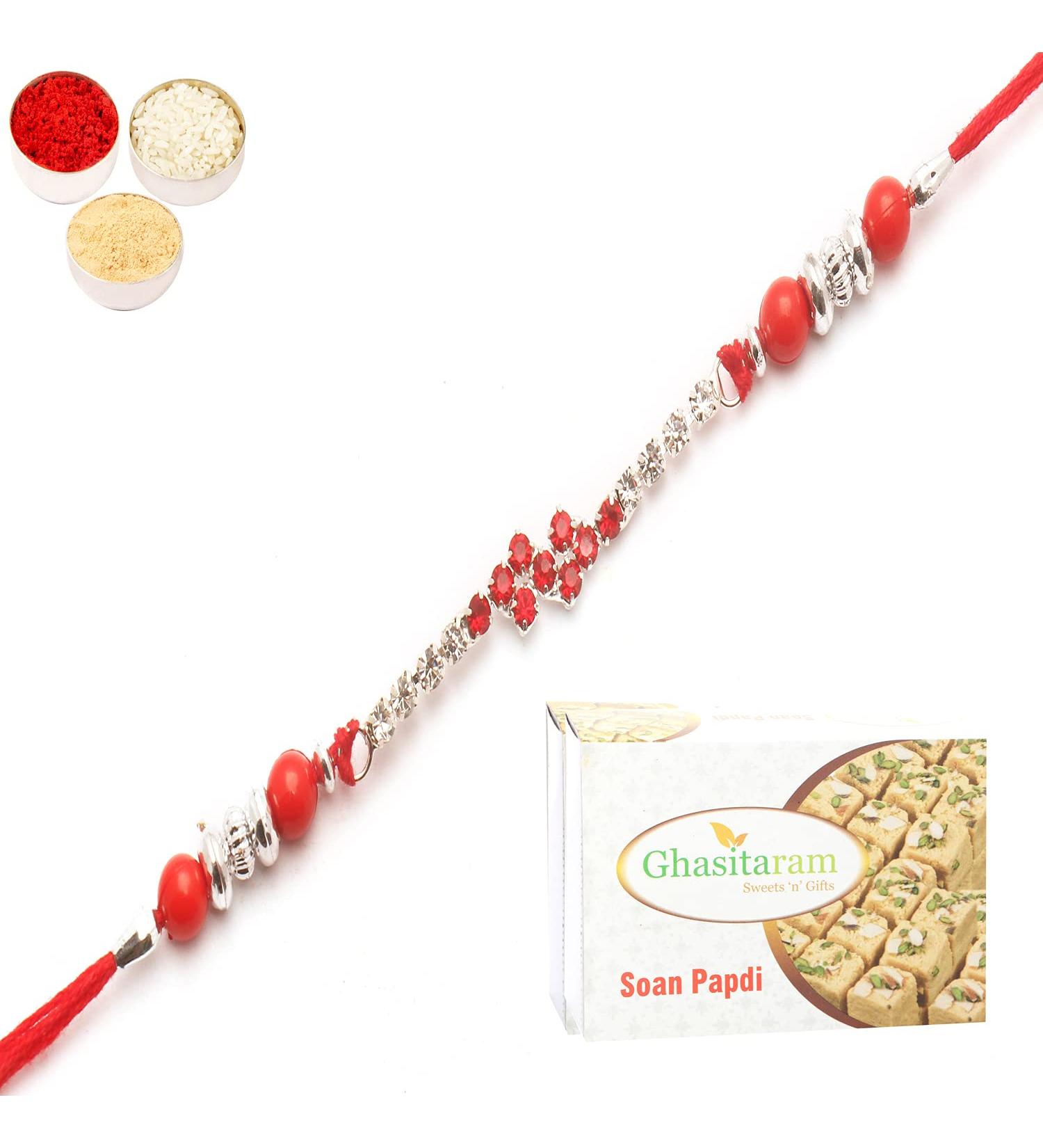 Ghasitaram Gifts Rakhi for Brother Rakhis Online - 333 Diamond Rakhi with 400 GMS of Soan Papdi - Buy Online on GoSupps.com