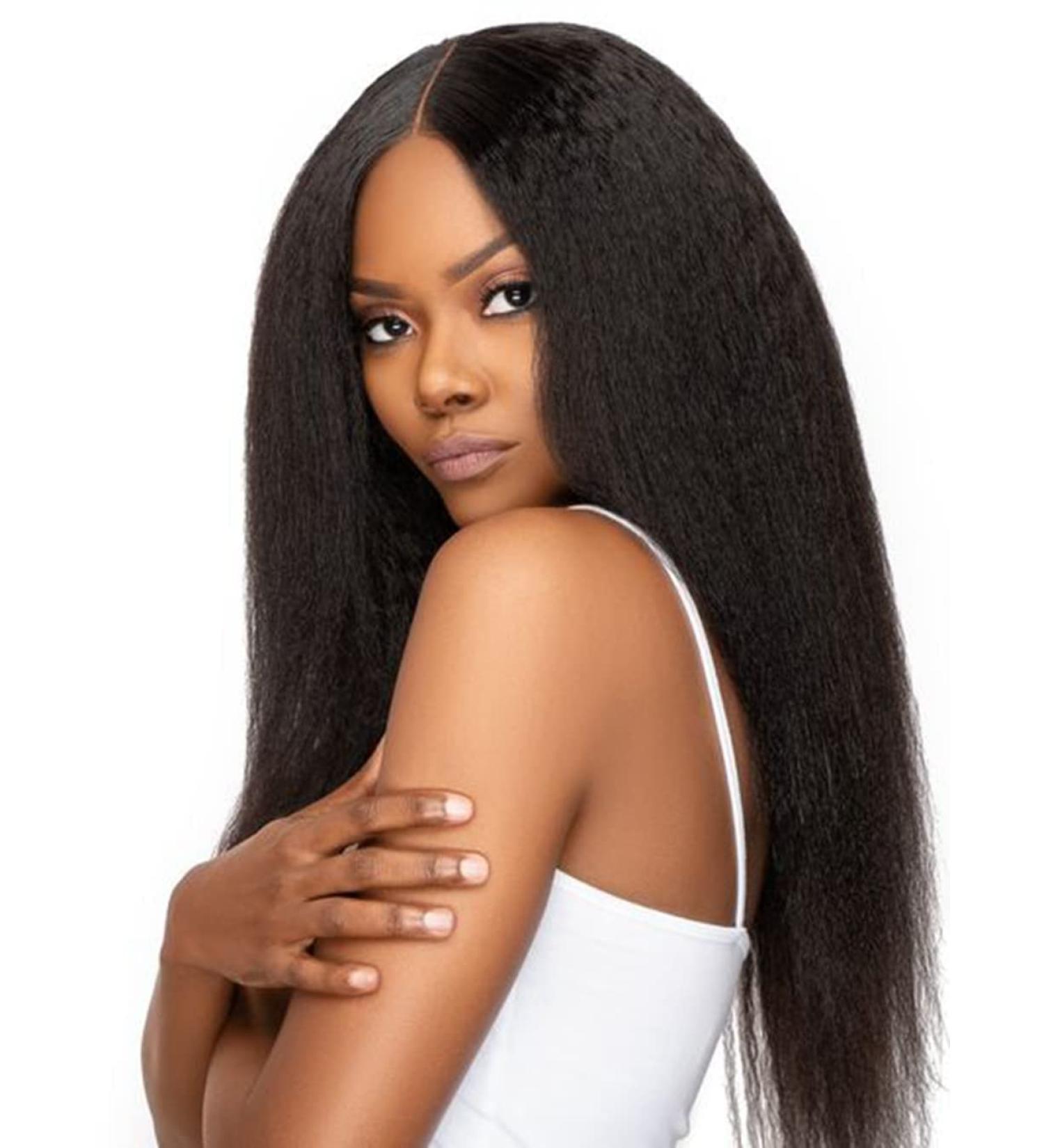 Emistar 20 Inch Kinky Straight U Part Wig | Soft Synthetic Hair | Glueless Italian Yaki V Part Half Wig for Black Women 1B - Buy Online on GoSupps.com