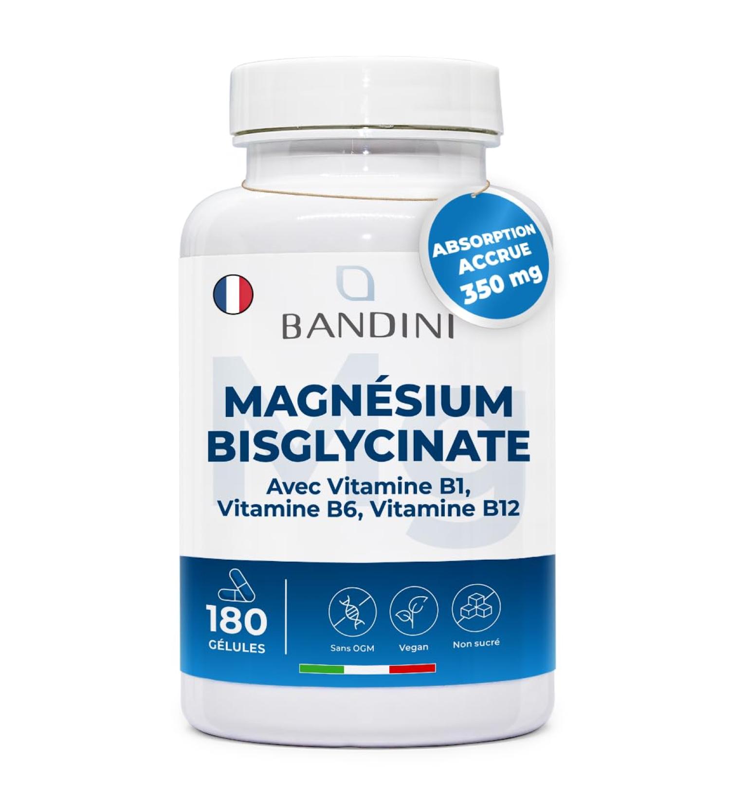 Bandini Magnesium Bisglycinate + Vitamins B1 B6 B12-180 Vegan Capsules - High Content 350mg per day - Magnesium Glycinate Capsules - Fights Fatigue and Stress - Promotes Sleep - Buy Online on GoSupps.com