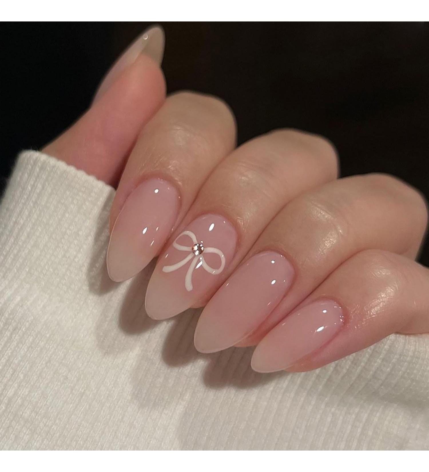 Light Pink Press On Nails | Short Almond Glossy Fake Nails | Full Cover False Nails with White Bows | 24 Pcs Nude Acrylic Nail Art for Women & Girls - Buy Online on GoSupps.com