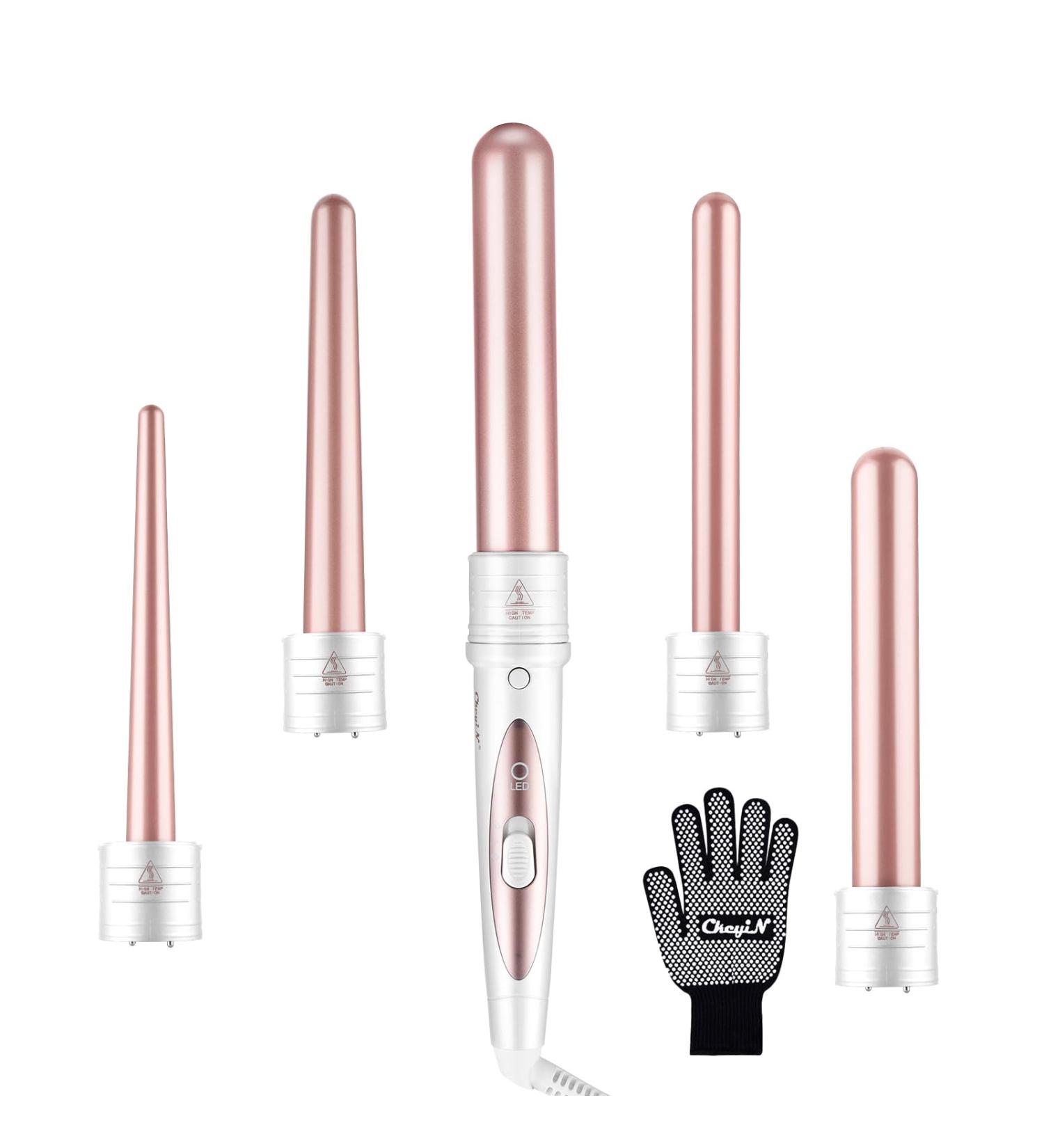 CkeyiN Ceramic Curling Wand - 5 in 1 Hair Curlers, Adjustable Temperature, Professional Hair Styling Tool for Long Hair - Pink & White - Buy Online on GoSupps.com