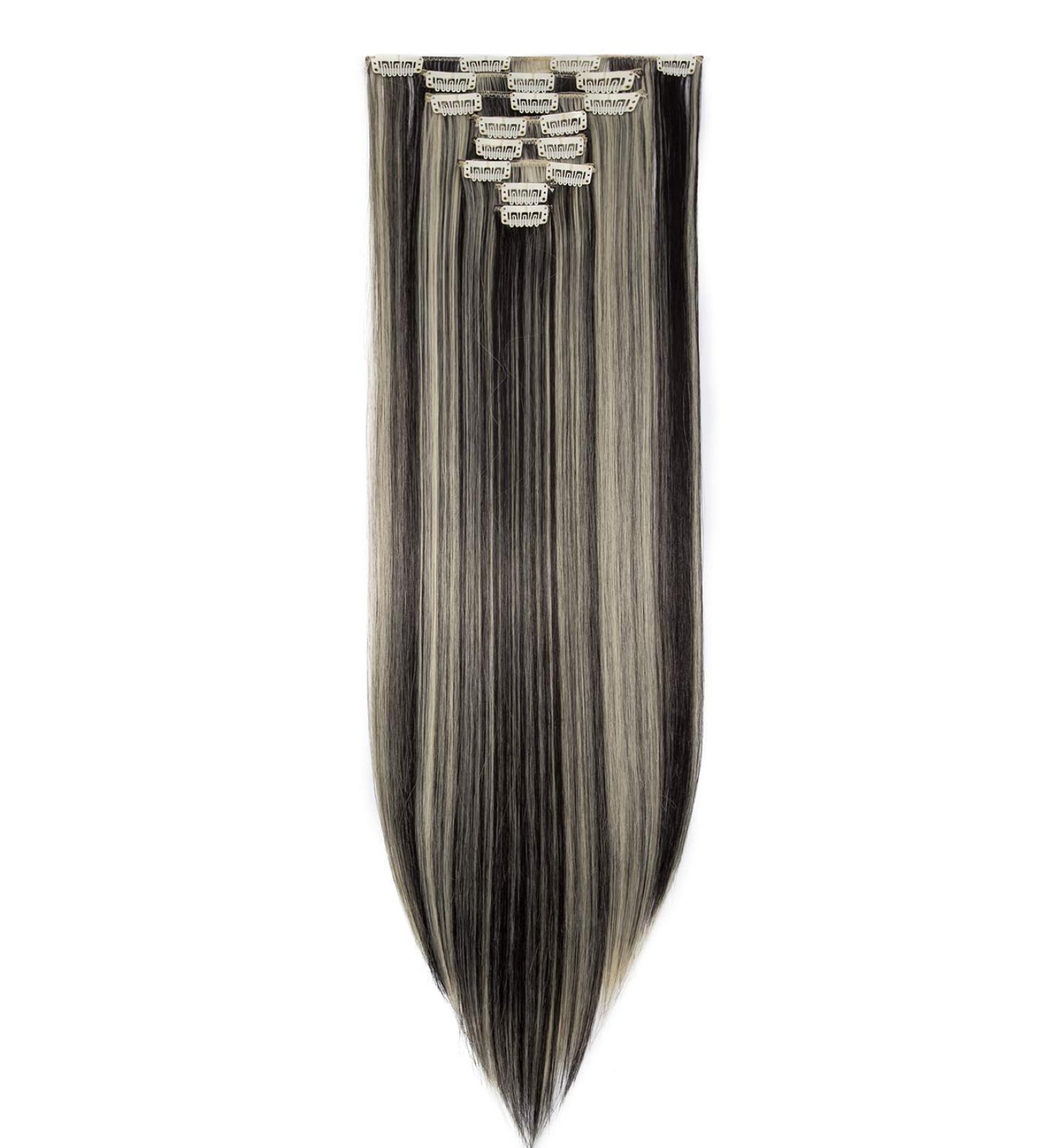 Clip In Hair Extensions - Real & Synthetic - 18 Clips 66cm Smooth Natural Black & Bleach Blonde - Full Head Coverage - Buy Online on GoSupps.com