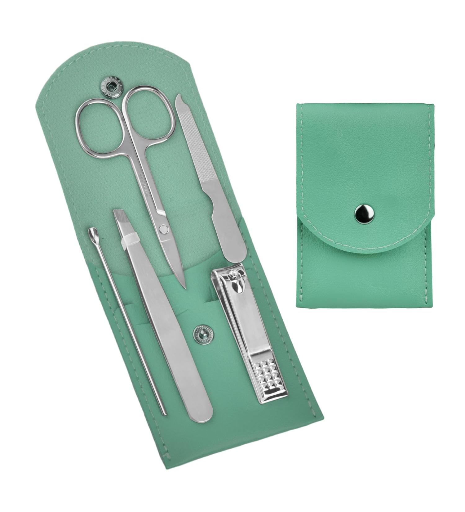 Professional Travel Manicure Set - 5-Piece Stainless Steel Nail Clipper Kit for Men & Women - Includes Grooming Tools Beauty Scissors & Tweezers (Silver Green) | International Shipping Available - Buy Online on GoSupps.com