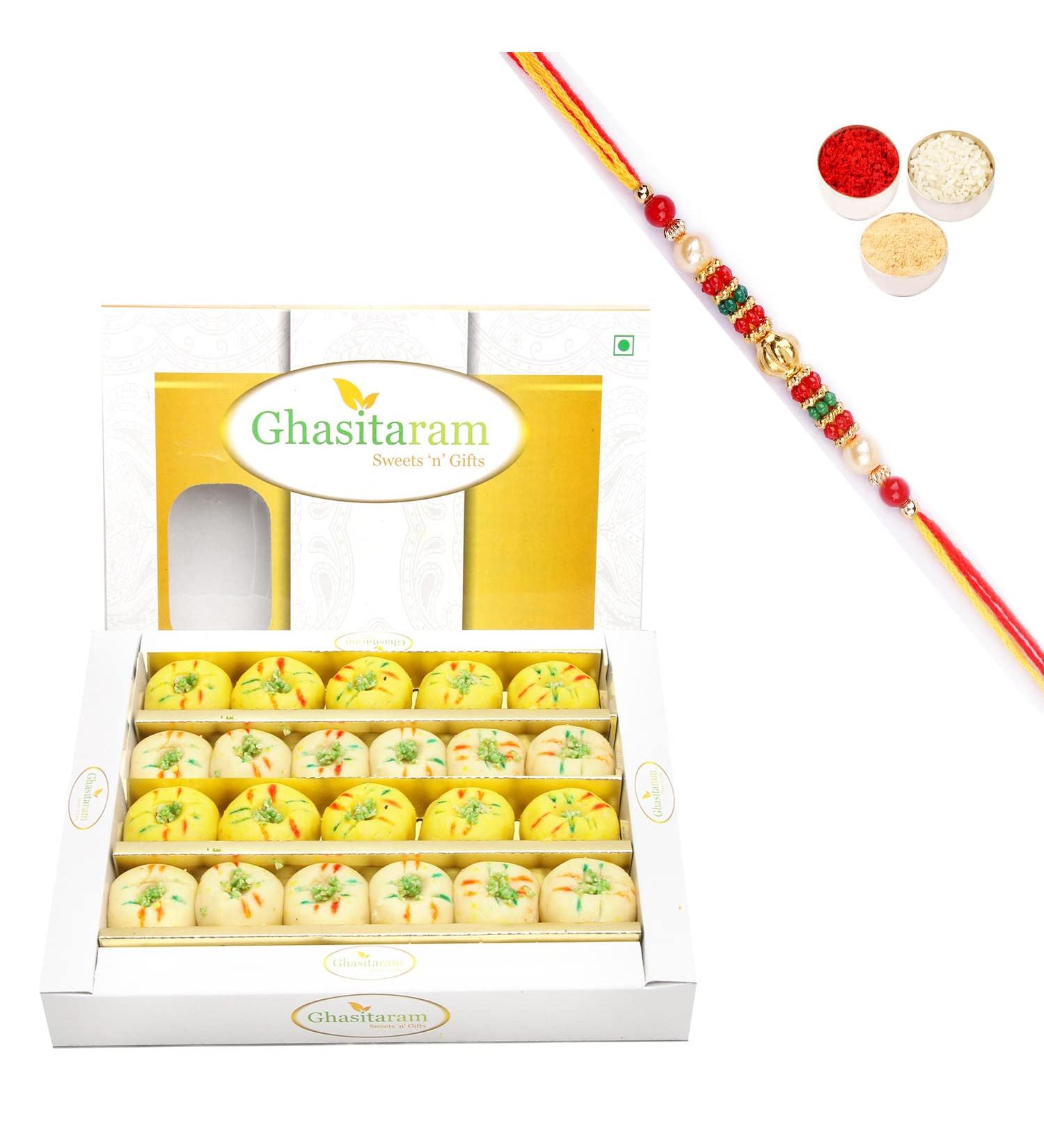 Ghasitaram Gifts Rakhi Gifts for Brothers Sugarfree Mawa Peda Box 400 GMS with Beads Rakhi - Buy Online on GoSupps.com