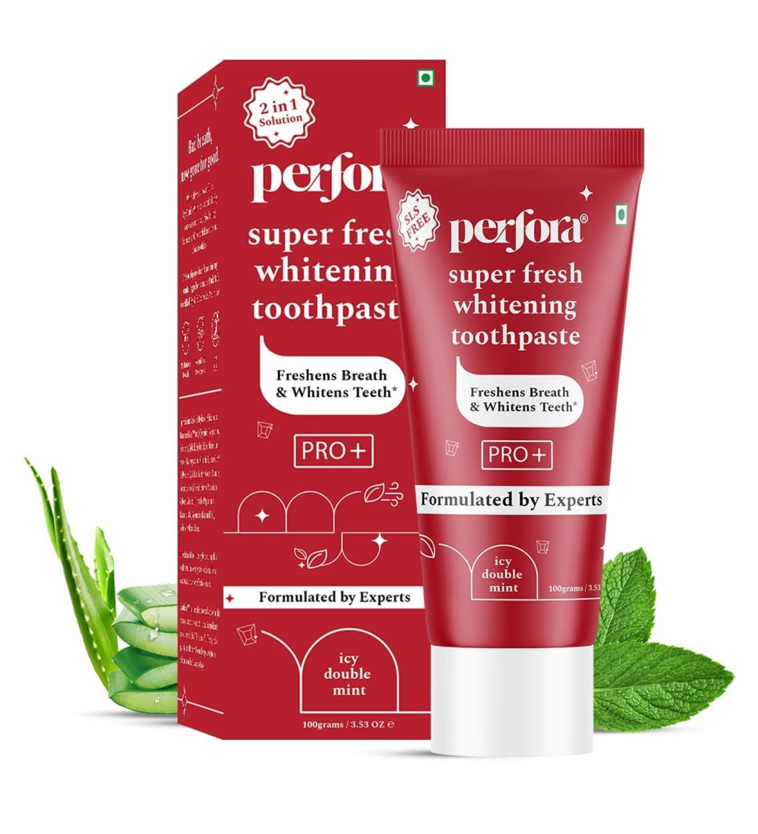 Per.Fora Super Fresh Toothpaste -100g with Cooling Crystals | Helps Prevent Bad Breath | SLS Free Toot.hpaste for Adults | Enamel Safe Teeth | Formulated with ImerCare Perl White - Buy Online on GoSupps.com