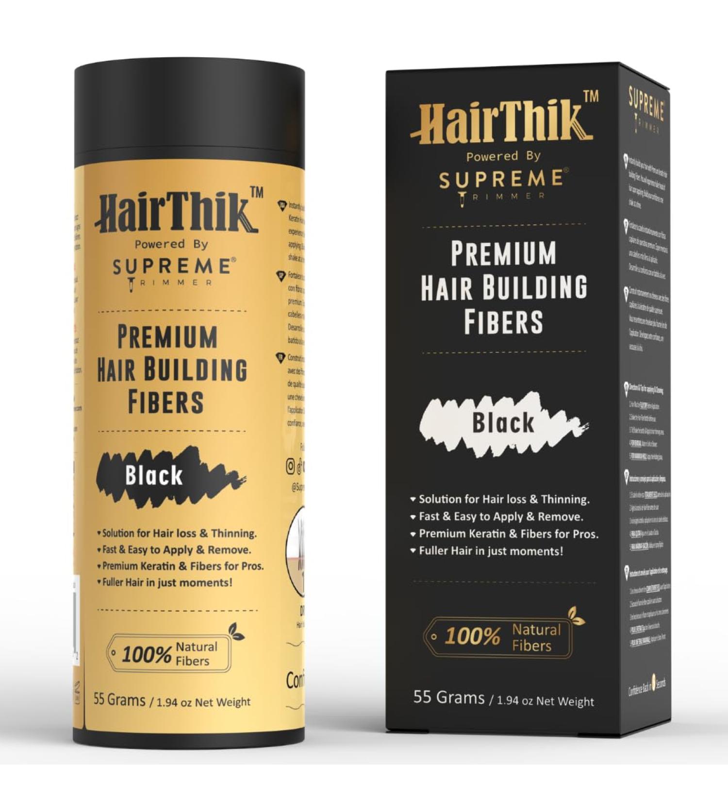 HairThik Hair Building Fibers - Thicker Fuller Hair Solution for Men & Women | 55g Black - Instantly Fill Fine & Thinning Hair - Buy Online on GoSupps.com