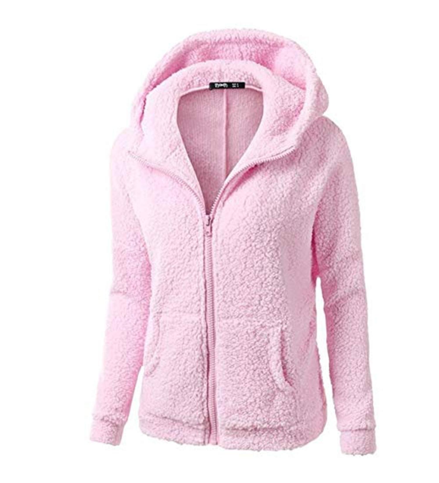 Bigfanshu Womens Fleece Teddy Hoodies Zipper Solid Pocket Hooded Coat Winter Warm Cotton Outwear Casual Sweatshirt Pink