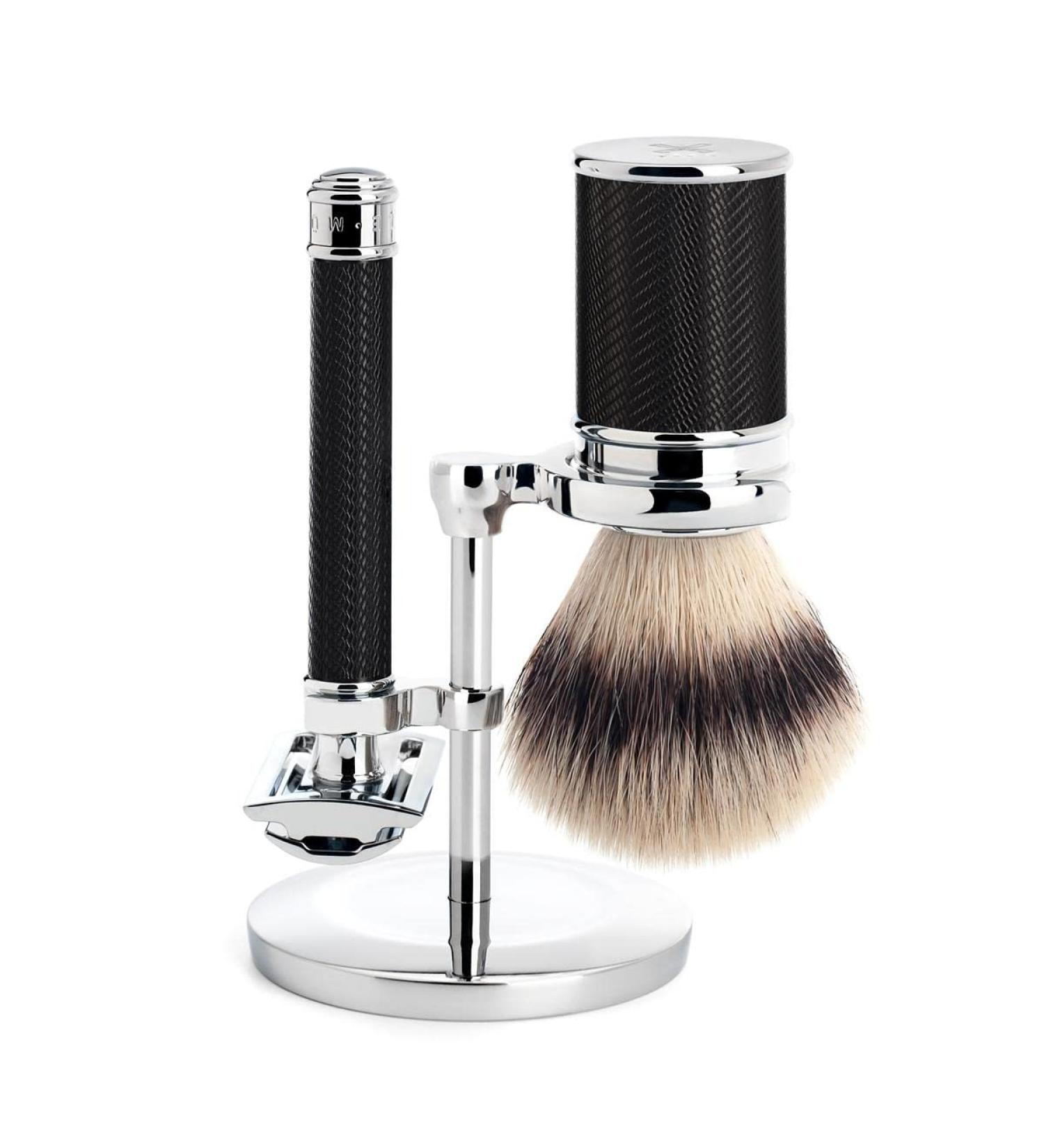 M hle Traditional Razor Set | Silvertip Fibre Brush Chrome Stand Black Resin Handle - Premium Shaving Supplies for Men - Buy Online on GoSupps.com