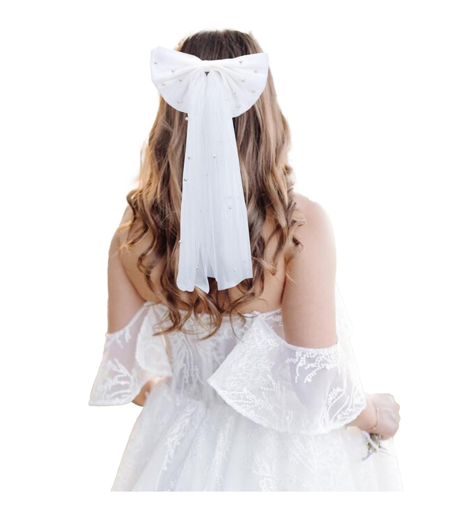 NICENEEDED Bridal Veil Bowknot Hair Clip Bride Pearl Tulle Hair Bow Barrettes with Fringe Wedding Mesh Hairpins Headpieces for Bridesmaid Flower Girl Hair Decoration - Buy Online on GoSupps.com
