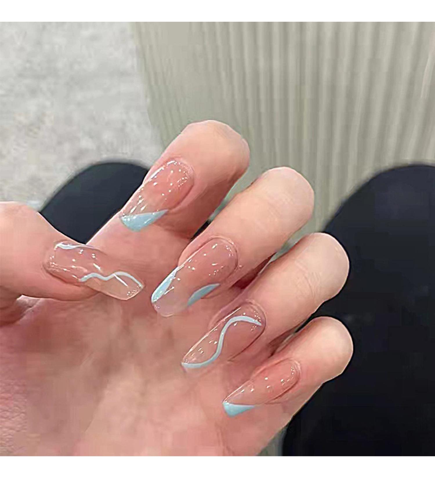 Justotry 24 Pcs Pale Blue Swirl Almond False Nails - Pink Acrylic Press on Stick on Nails for Women | Fake Nails with Glue for Nails Art French Design - Buy Online on GoSupps.com