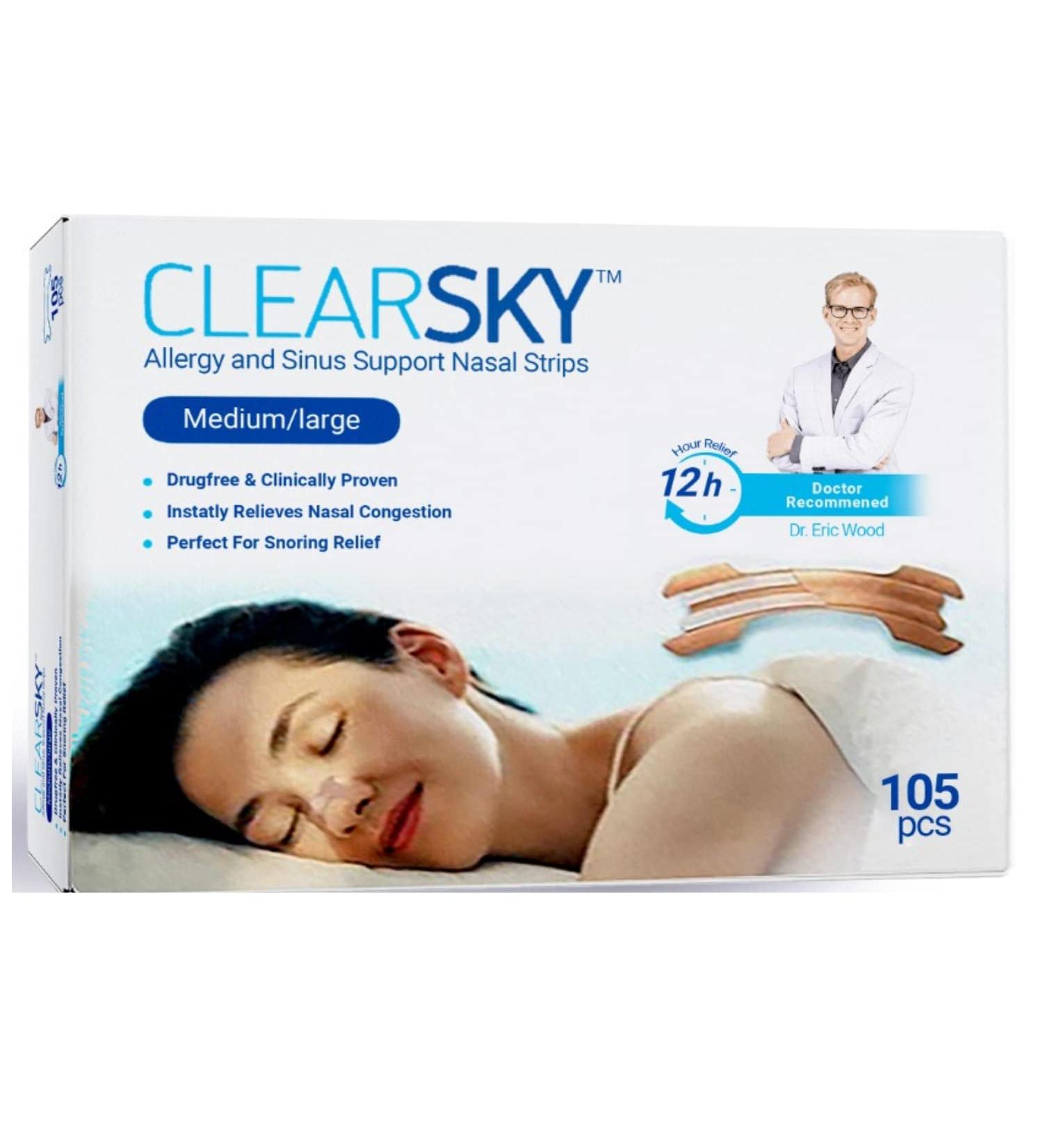 ClearSky Medium Nasal Strips - 105 pcs - Drug-Free, Opens Nasal Passages for Easier Breathing, Reduces Snoring - Buy Online on GoSupps.com