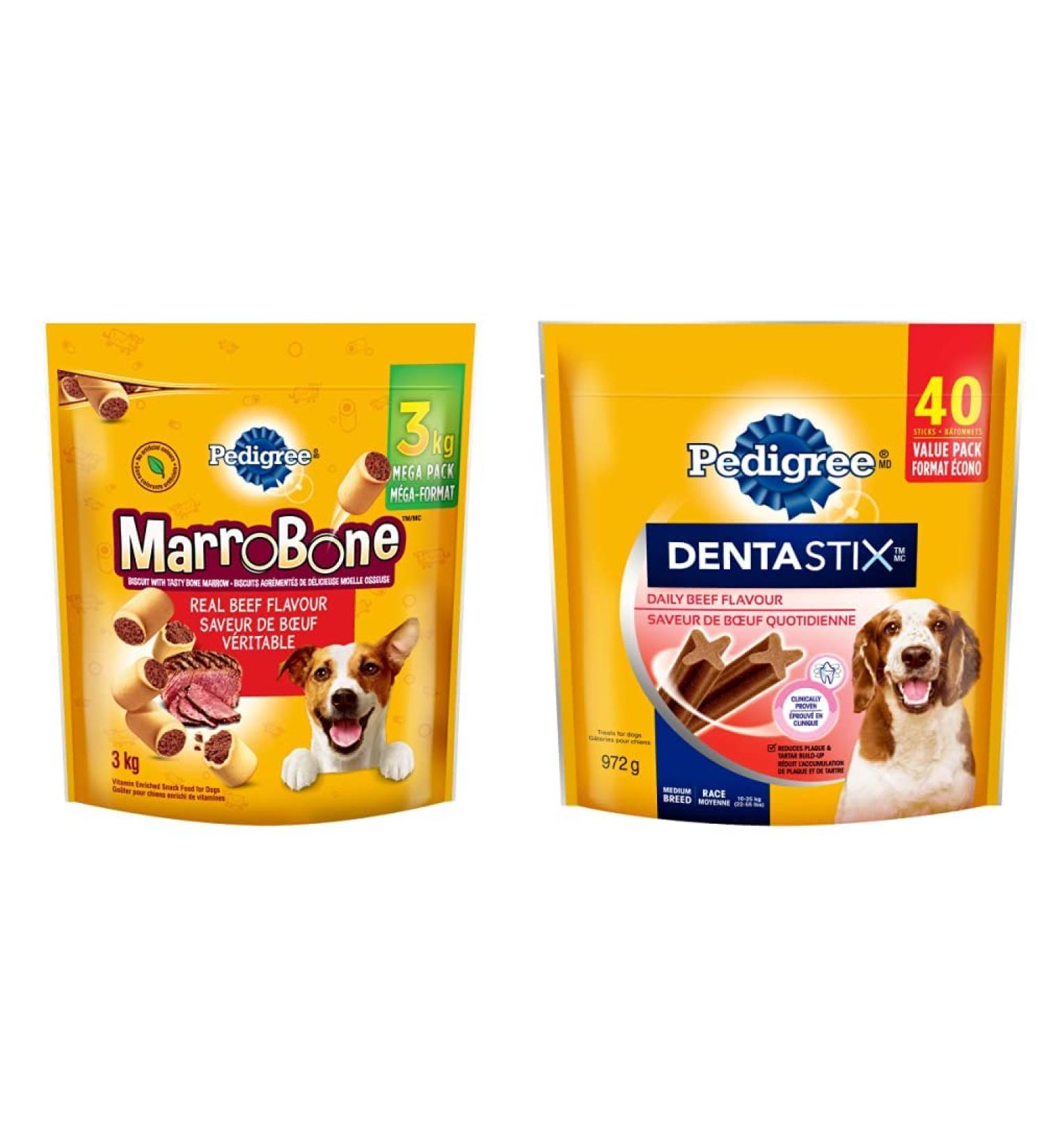 PEDIGREE MARROBONE Adult Dog Treats - Beef Flavour 3kg Pouch + PEDIGREE DENTASTIX Oral Care Adult Dog Treats for Medium Dogs - Beef 40 Sticks