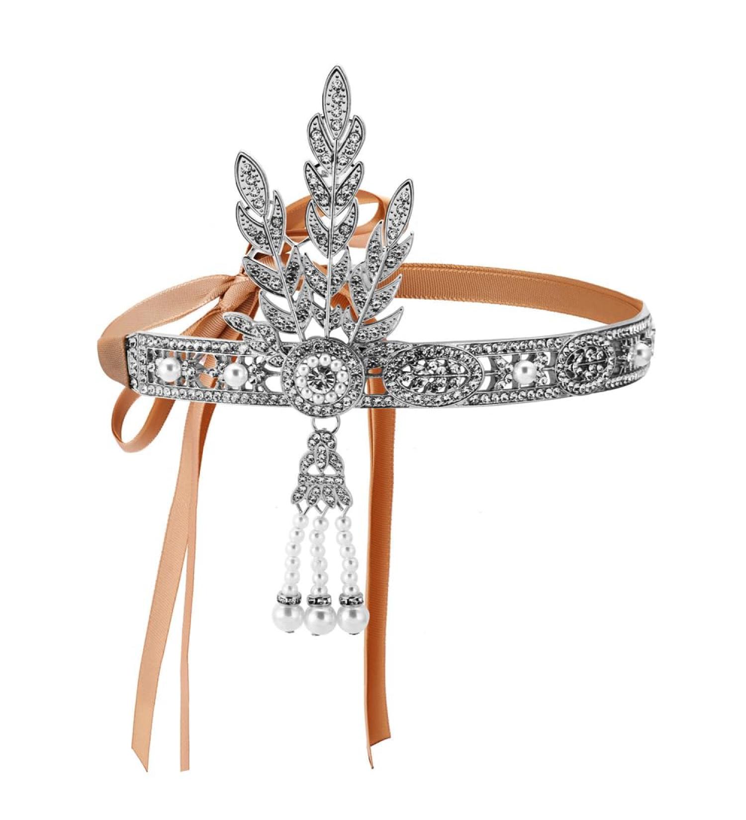 LEEMASING 1920s Flapper Rhinestones Pearls Feather Headband Vintage Gatsby Headpiece Crystal Hair Headband For Party Festival Wedding Costume (Silver) - Buy Online on GoSupps.com