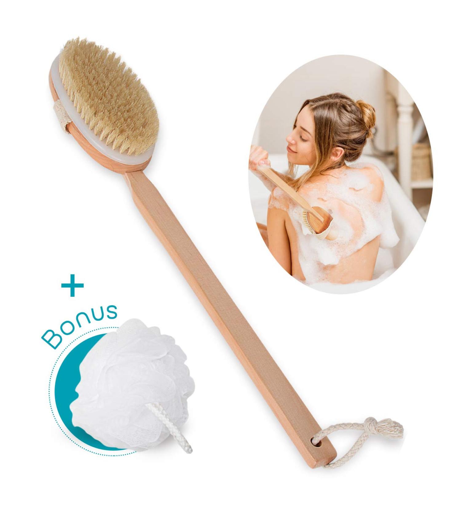 2-in-1 Bamboo Bathing Brush & Back Scrubber - Removable Wooden Handle + Pure Cleaner Sponge - Ideal for Dry Brushing - Buy Online on GoSupps.com