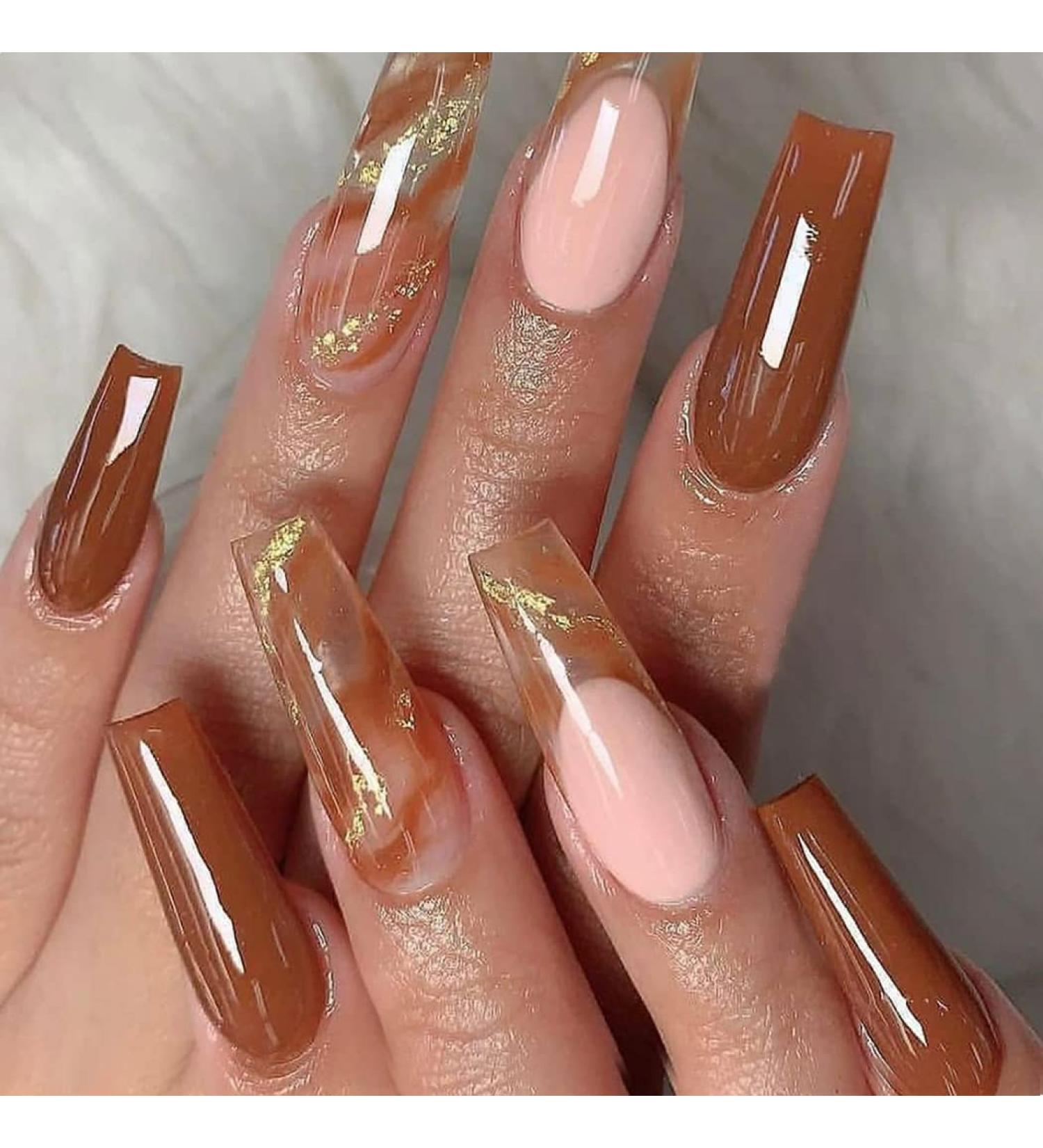 Sethexy Long Coffin False Nails Sparkly Brown Press-On Ballerina Acrylics for Women | 24-Hour Wear - Buy Online on GoSupps.com