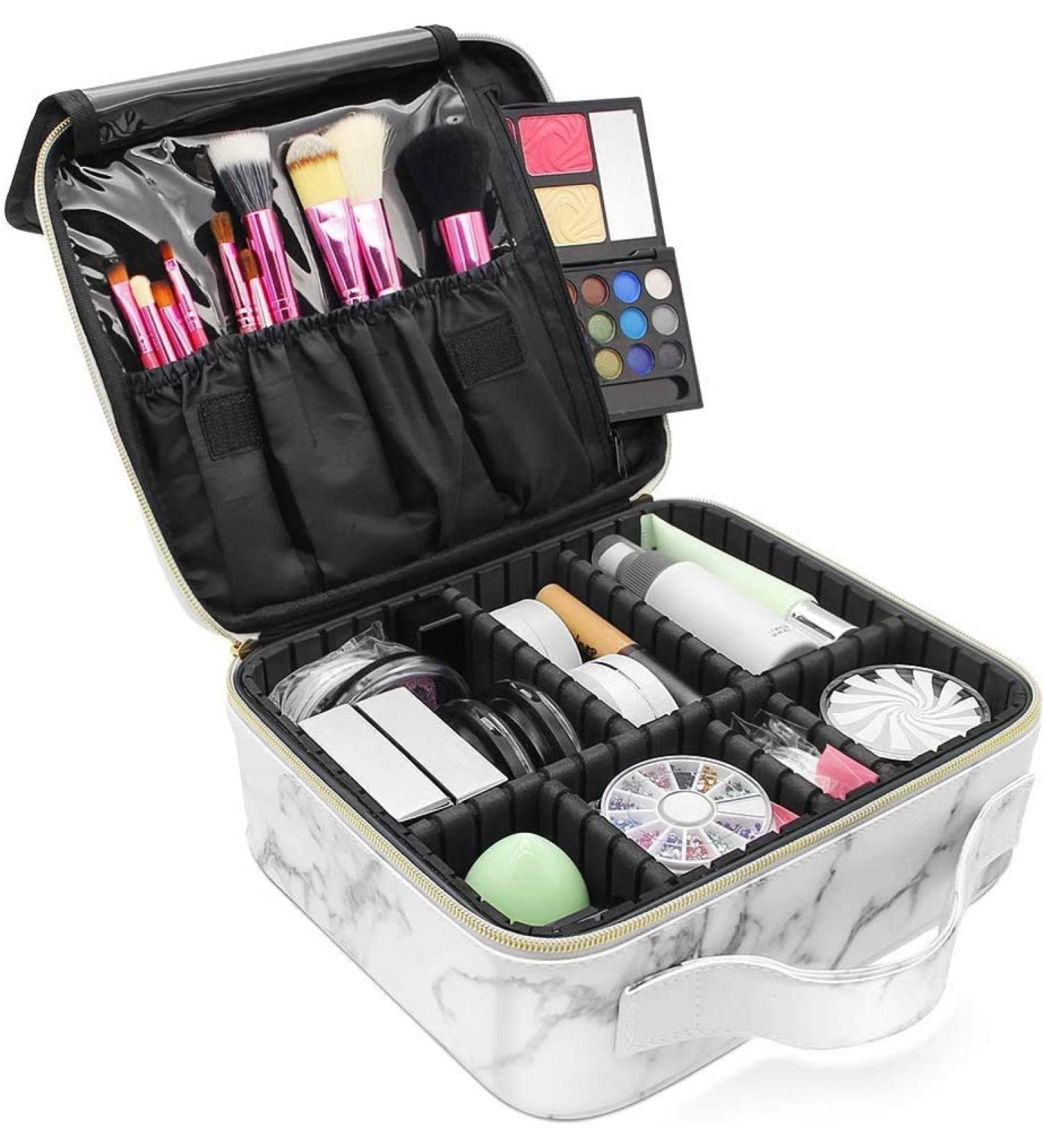 Marble Makeup Organizer and Storage Travel Case - Waterproof Makeup Bag with Adjustable Dividers and Jewelry Organizer - 9.8x8.86x3.7 inches - Buy Online on GoSupps.com