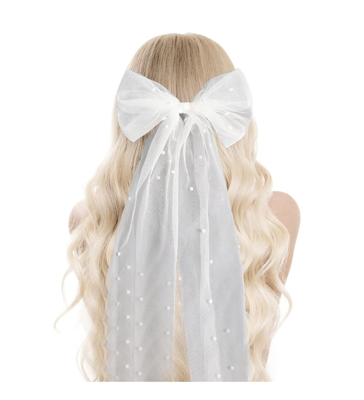 White Pearl Hair Bow Veil - Bachelorette Party Decorations & Bridal Shower Gift - Buy Online on GoSupps.com