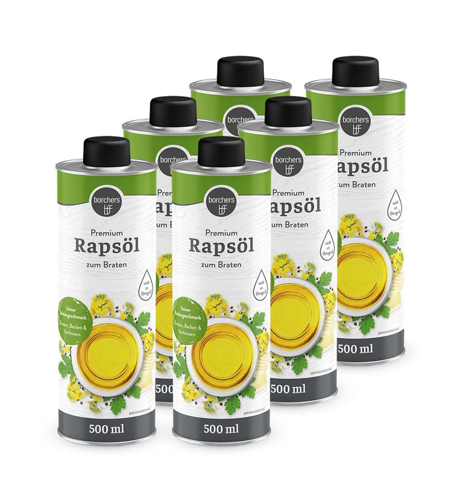 Borchers 6x Premium Rapeseed Oil Set | 6x 500ml | Fine Butter Taste | Rich in Omega-3 | Ideal for Roasting Baking & Refining | International Shipping - Buy Online on GoSupps.com