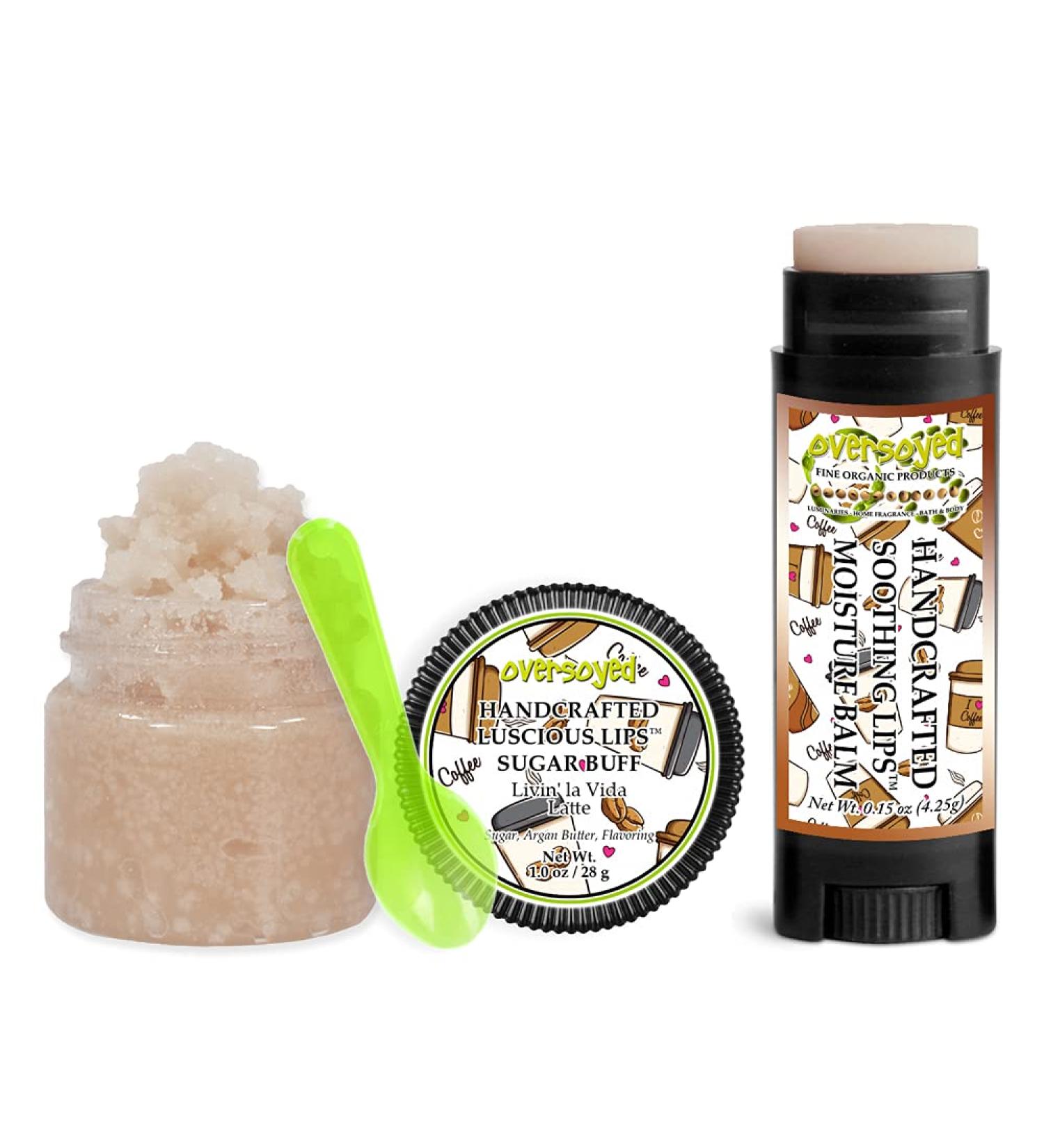 Livin' la Vida Latte Soothing & Luscious Lips by OverSoyed Exfoliator & Chapped Lip Repair Lip Care Combo | Artisan Handcrafted to Order Roasted Espresso Sugary Maple Sweet Cream Flavored Exfoliating Sugar Lip Scrub & Lip M