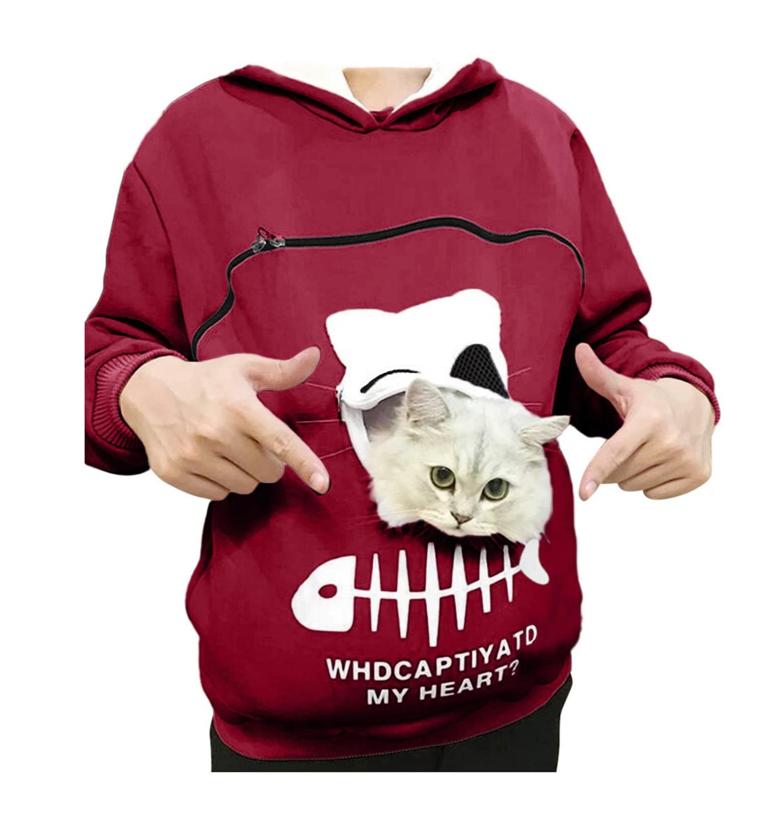 Pet Carrier Hooded Sweatshirt for Men Women | Kangaroo Pouch Holder Shirt | Plus Size | Wine - Large - Buy Online on GoSupps.com