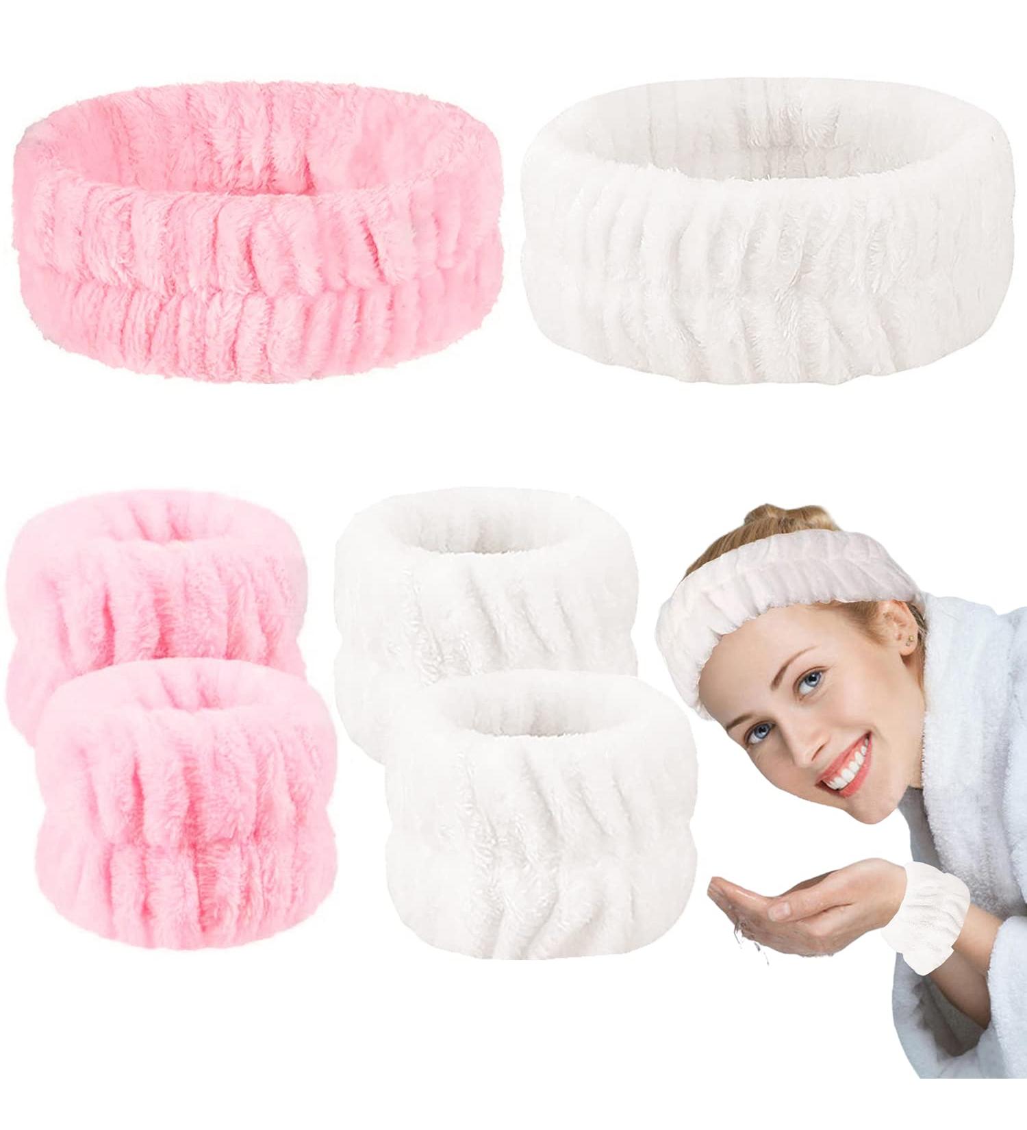 6Pcs Spa Headband and Wristband Set for Women - Microfiber Facial Headband and Wrist Washbands in Pink & White - Buy Online on GoSupps.com