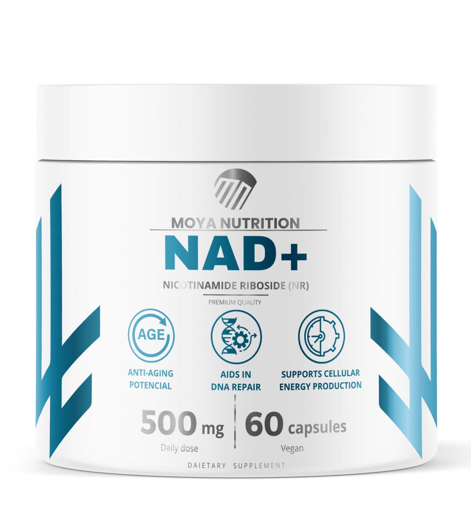 NAD Nicotinamide Riboside Chloride 60 Capsules | NMN Replacement | Anti-Aging & Energy Boost | Vegan Gluten-Free | Moya Nutrition - Buy Online on GoSupps.com