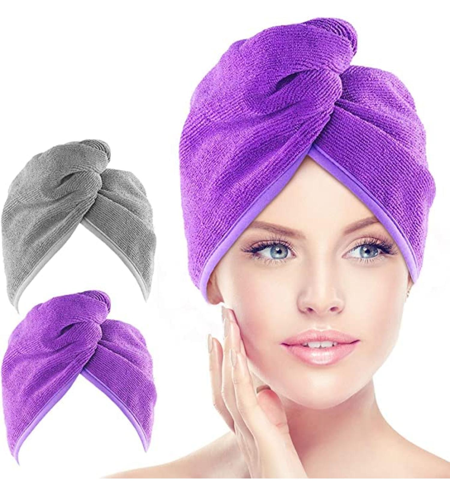 AIDEA Microfiber Hair Towel Wrap for Women 2 Pack - Super Absorbent Quick Dry Hair Turban - Grey+Purple - 10 X 26 - Buy Online on GoSupps.com