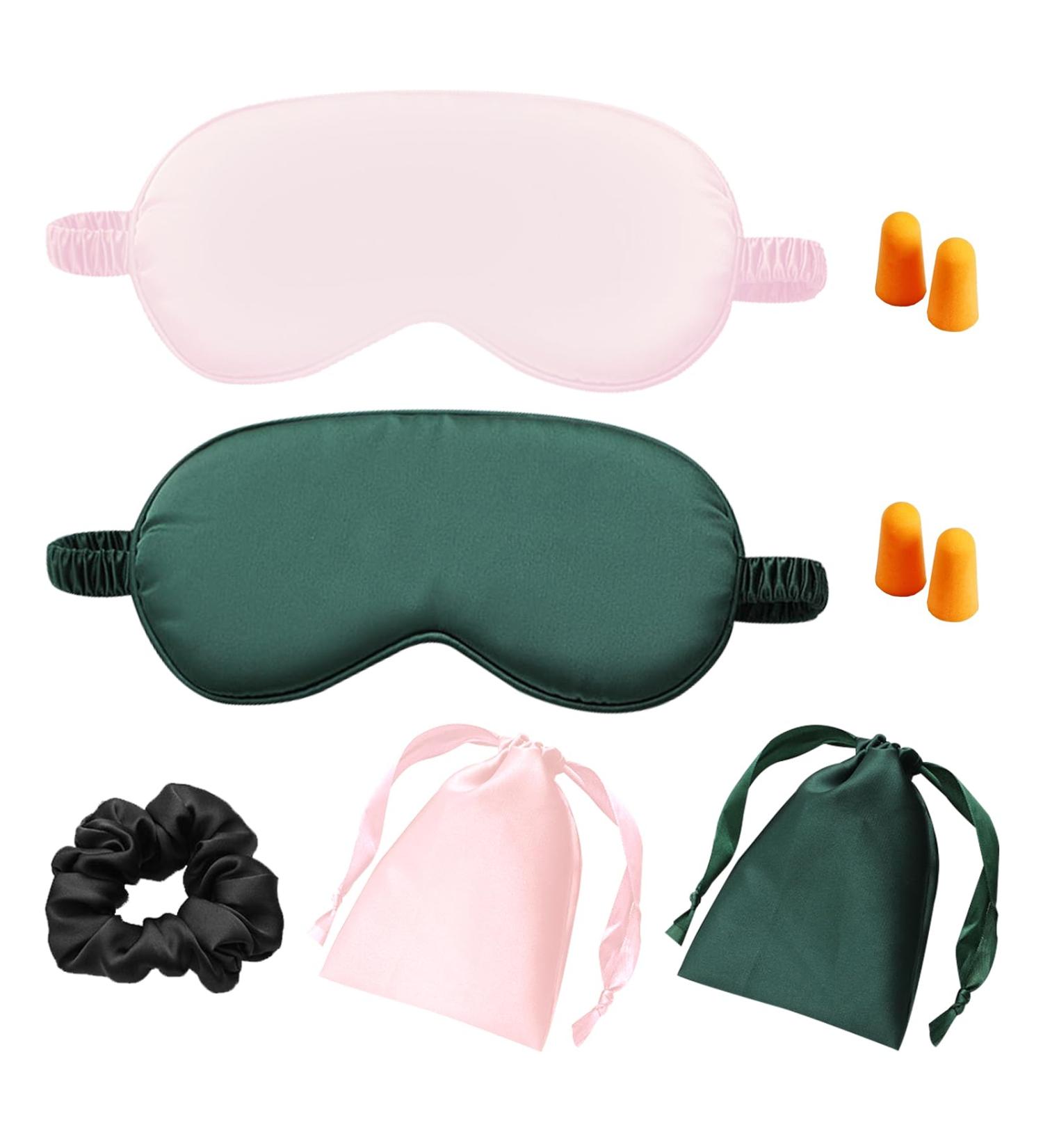 Premium Silk Sleep Mask with Ear Plugs & Hair Loop - Ideal Shading Blindfold for Men & Women (Pink & Dark Green) - International Shipping Available - Buy Online on GoSupps.com
