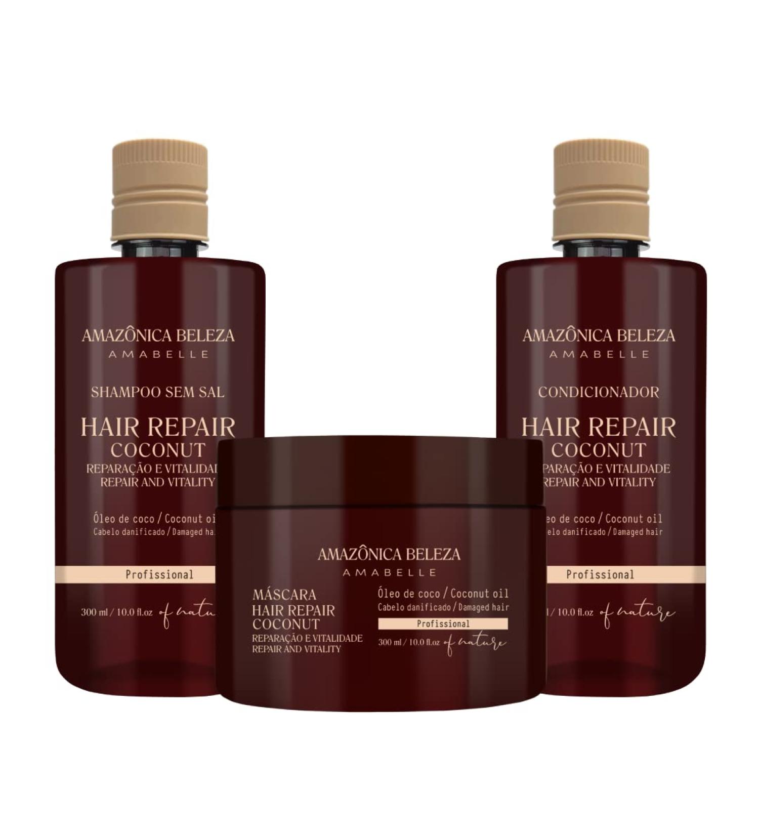 AMAZONICA BELEZA Hair Repair Kit with Coconut - Shampoo, Conditioner, Mask(300ml) | Professional Line for Damaged Hair - Buy Online on GoSupps.com