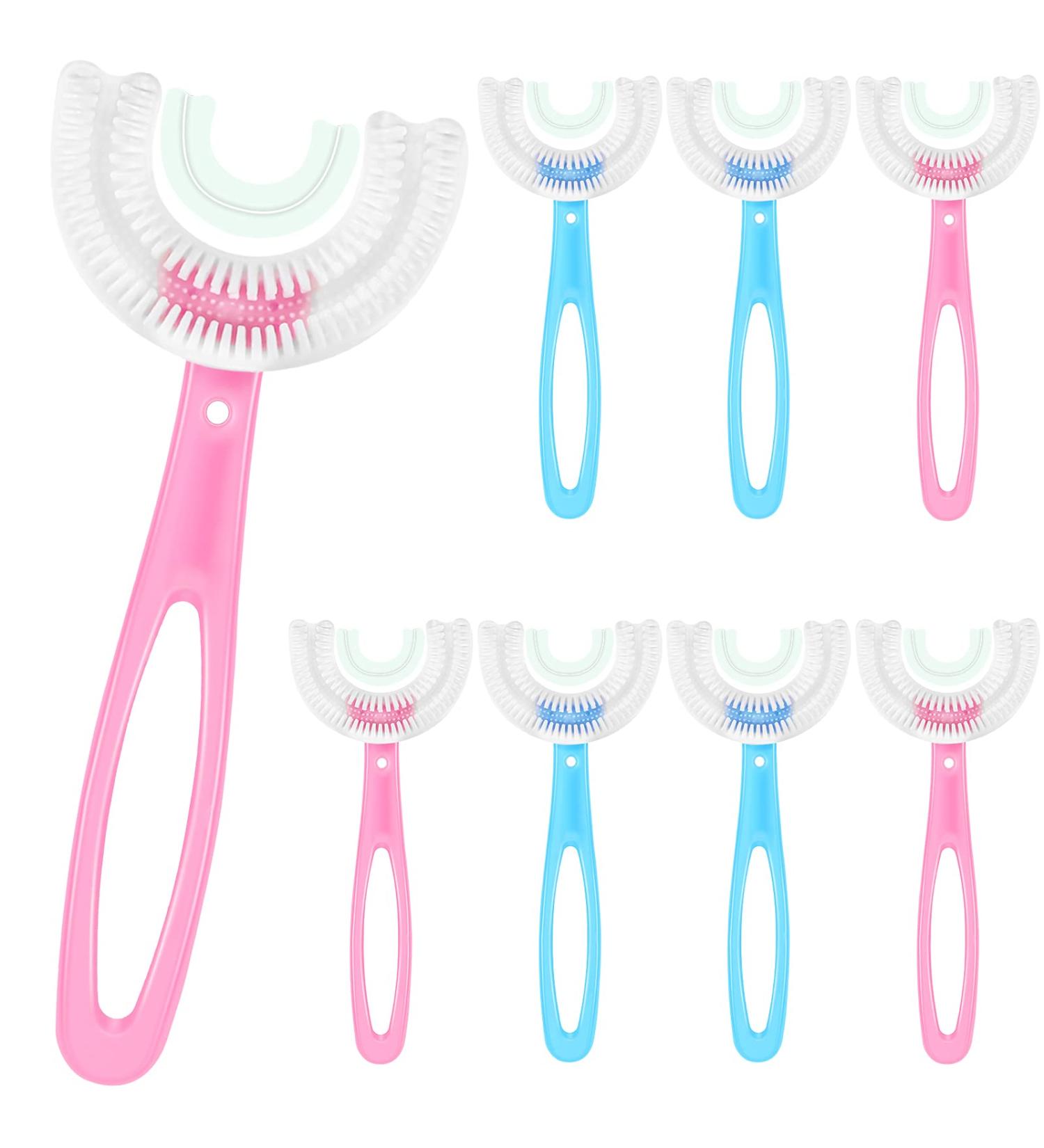 NUENEN 8-Piece Kids U-shaped Manual Toothbrush Set - Soft Silicone Brush Head, Whitening, Massage, 360 Oral Teeth Cleaning - Long Handle, Blue/Pink - Buy Online on GoSupps.com