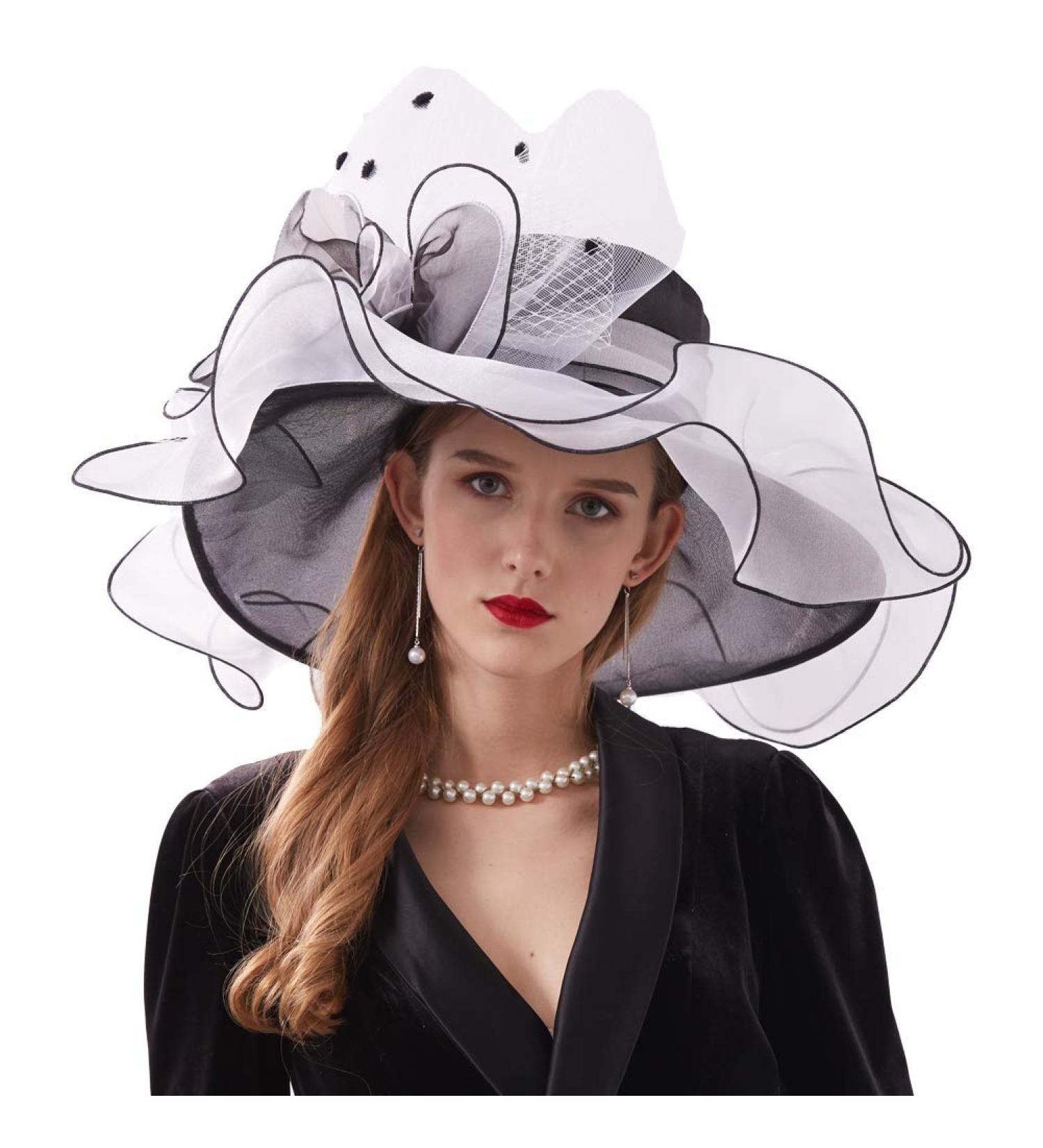 Women's Kentucky Derby Hat - Organza Two-Way Wear with Flower Accent - Black/White (Medium) - Buy Online on GoSupps.com