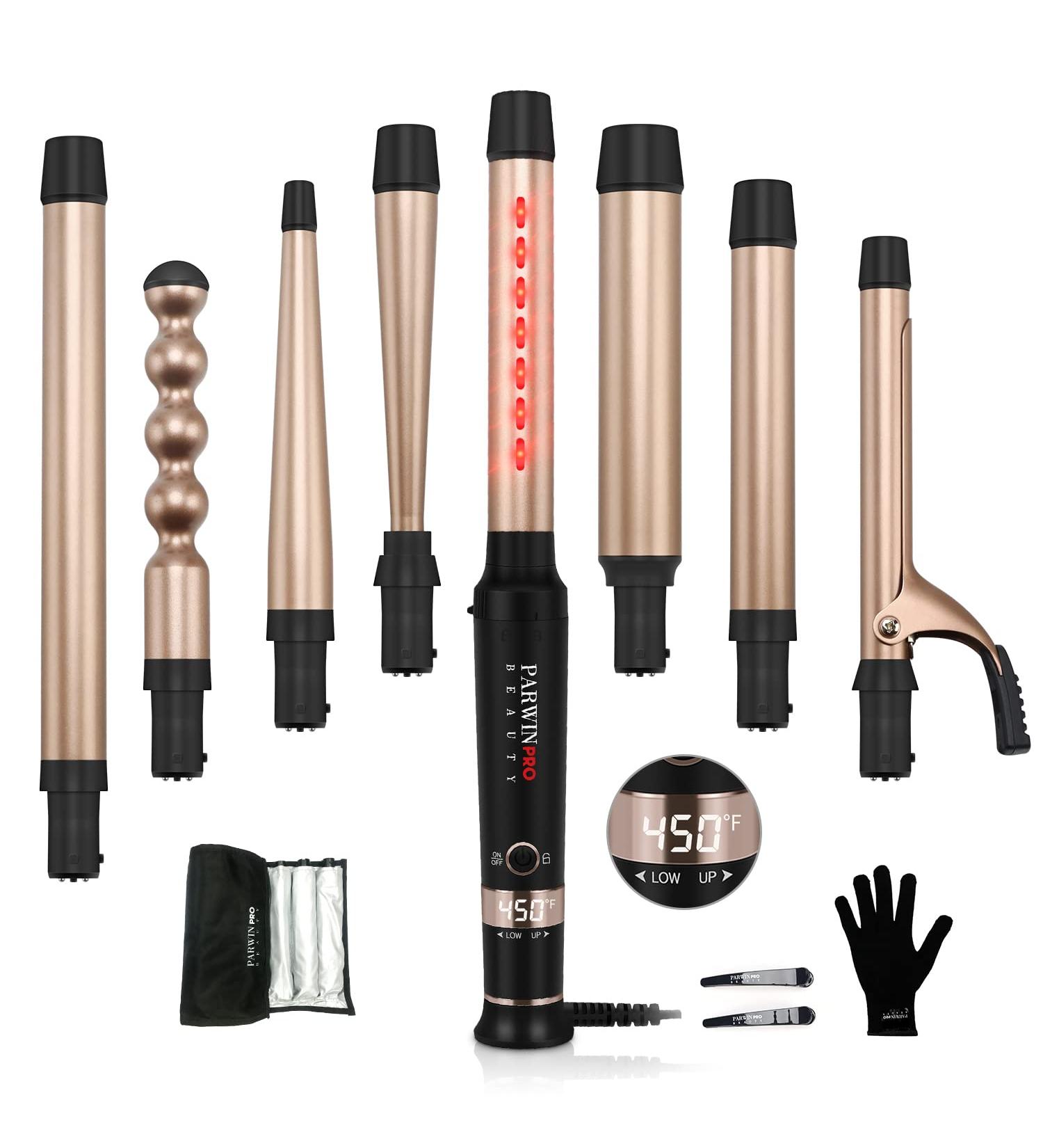 Infrared 8 in 1 Curling Iron Set - Professional Interchangeable Ceramic Barrels for Long Hair - LED Temperature Control Glove & Clips Included - Buy Online on GoSupps.com
