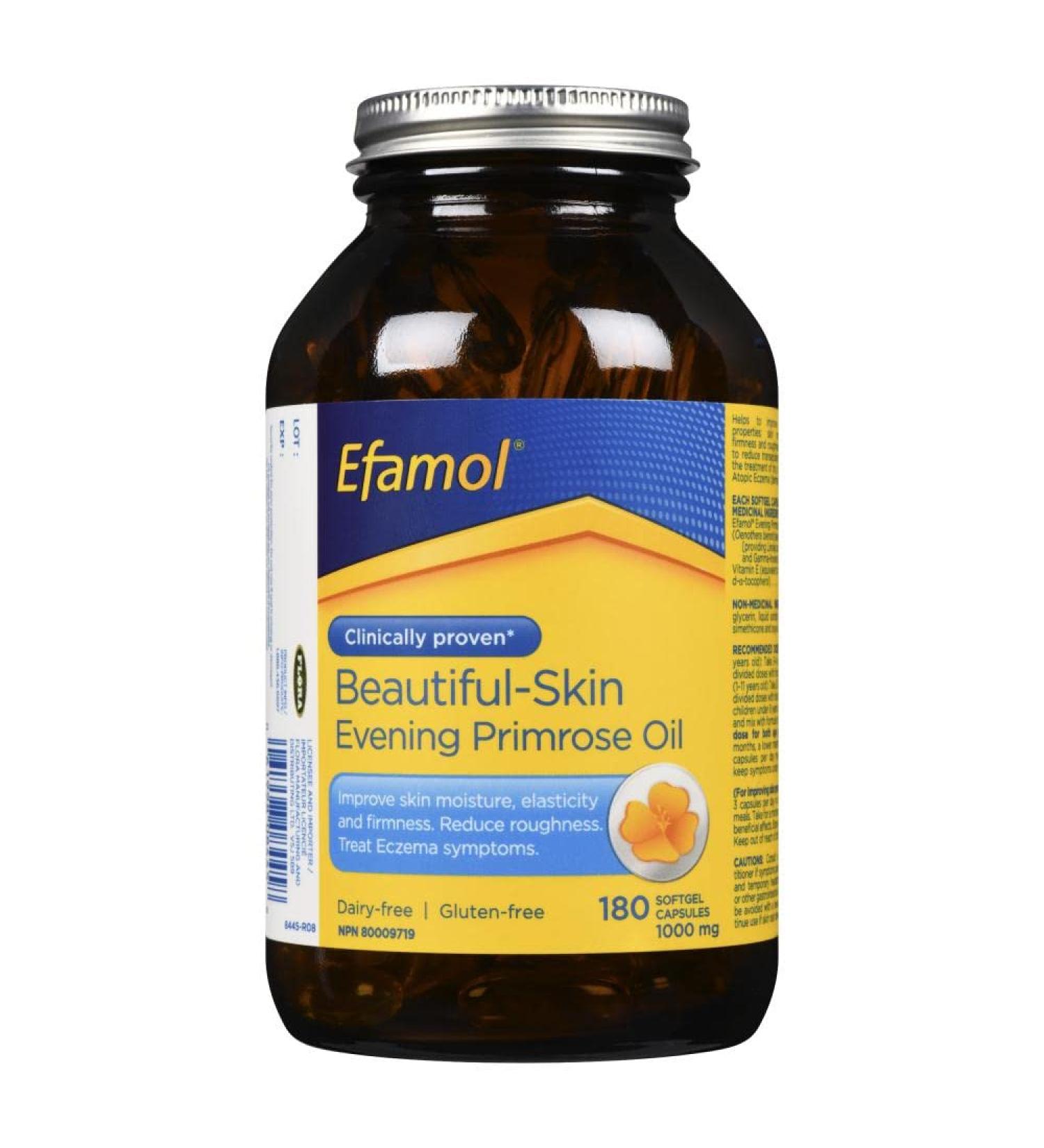 Efamol - Beautiful-Skin Evening Primrose Oil clinically proven to improve skin moisture elasticity and firmness wrinkles and dull skin naturally rich in GLA -1000 mg 180 Softgel Capsules - Buy Online on GoSupps.com