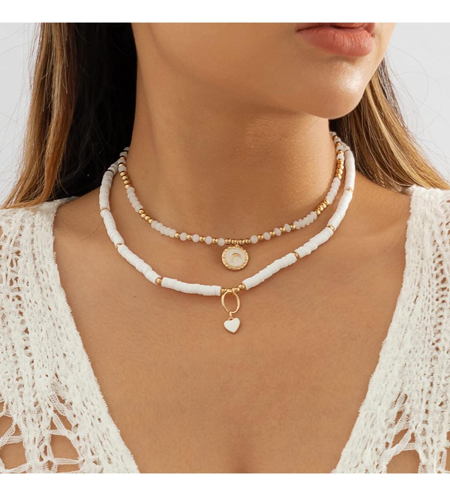 Multilayer Boho Pearl Necklace with Beaded Coin & Heart Pendant - Summer Beach Jewelry for Women & Girls - Buy Online on GoSupps.com