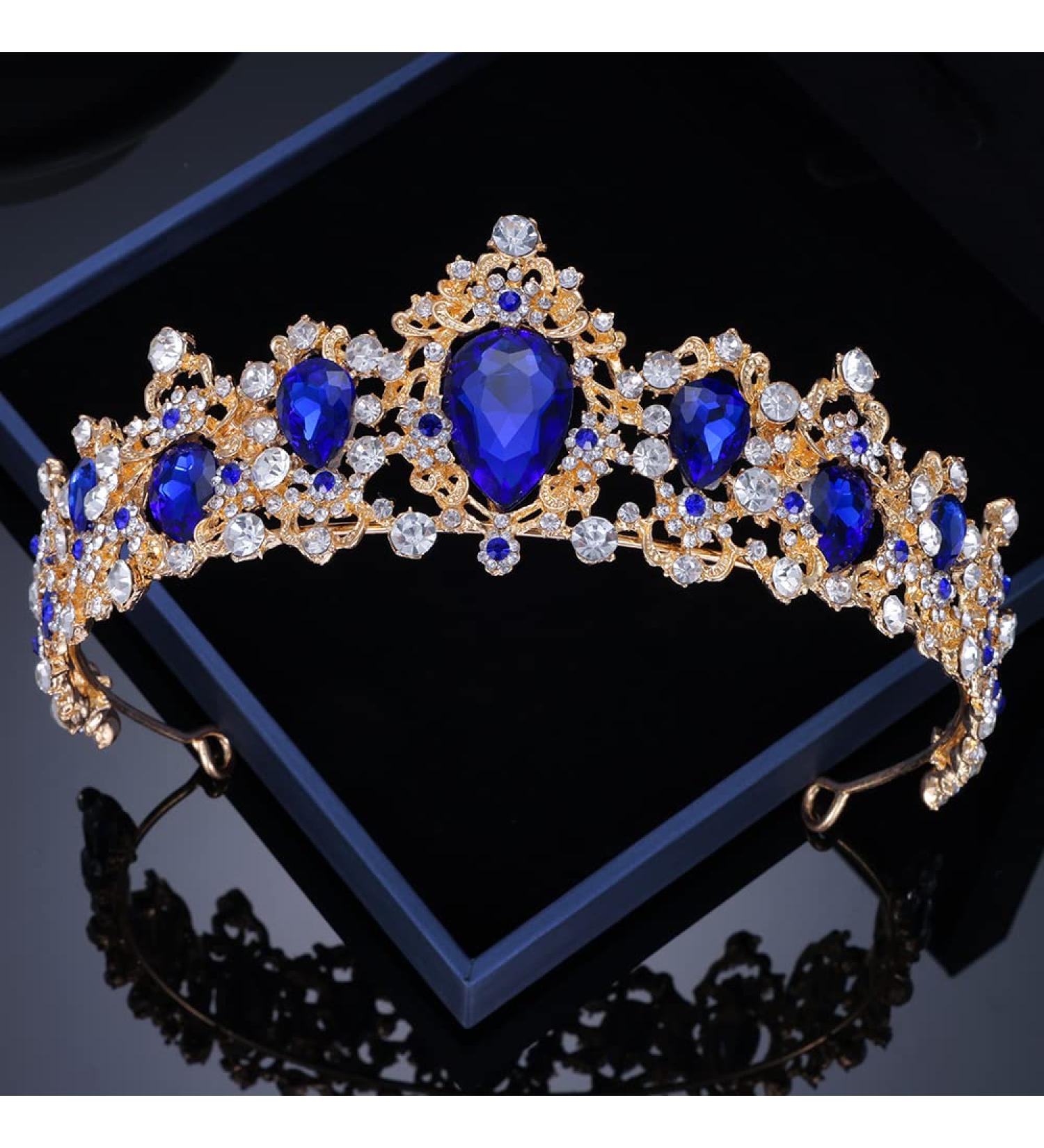 Kamirola Blue Baroque Vintage Crown - Princess Rhinestone Tiara for Christmas, Wedding, Prom - Women's Costume Accessory - Buy Online on GoSupps.com