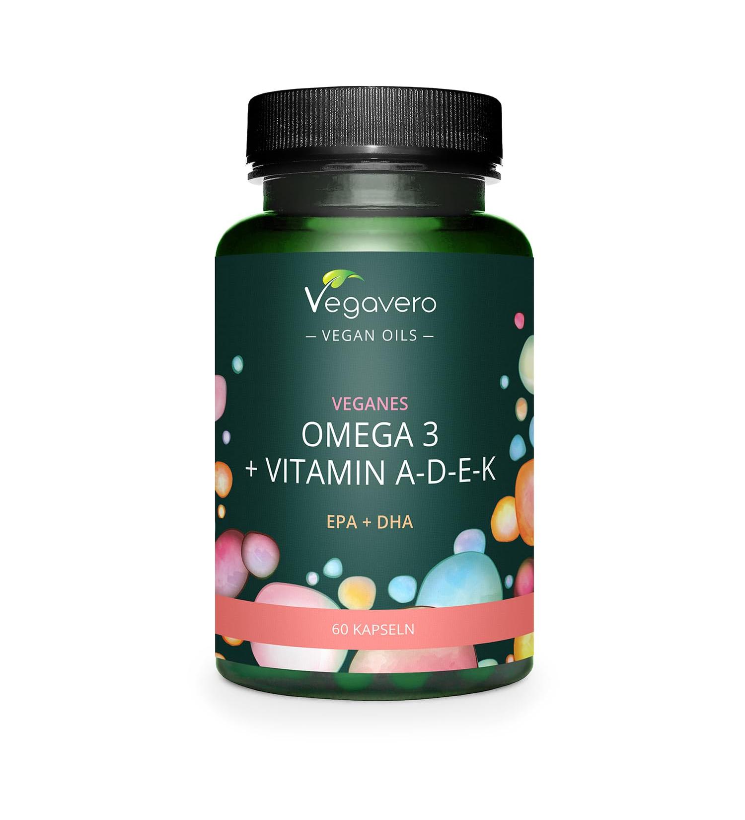 Omega 3 + Vitamins A D3 E K2 | Unique & VEGAN | With EPA and DHA | Premium Quality: life's OMEGA | Cardiovascular Health | 60 Capsules | Vegavero  - Buy Online on GoSupps.com