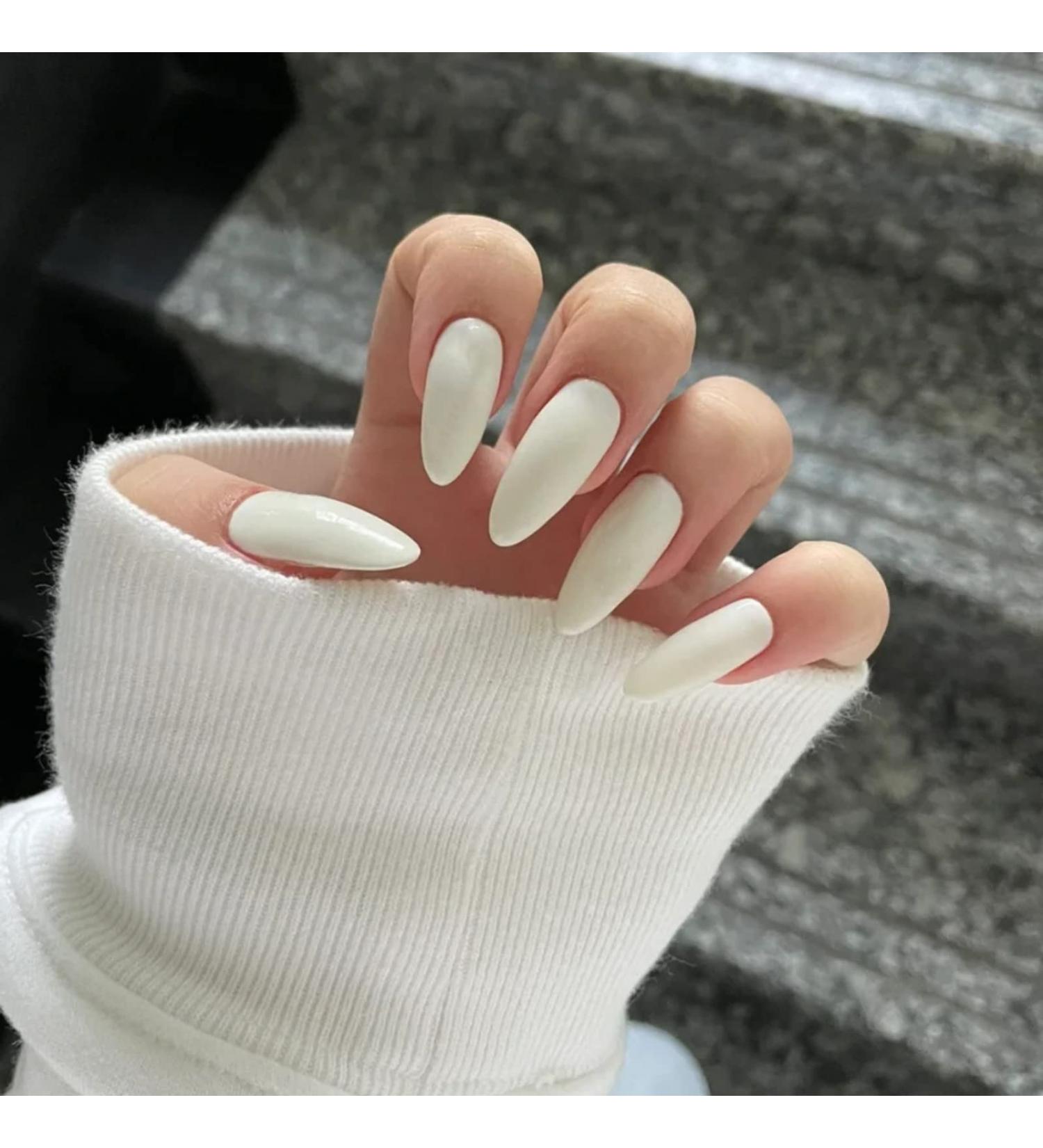 Justotry 24 Pcs Almond Short False Nails - Glossy Beige White French Press On Nails - Trendy Fake Nails with Nail Glue - Oval Medium Stick On Nails for Women - Nail Art - Buy Online on GoSupps.com