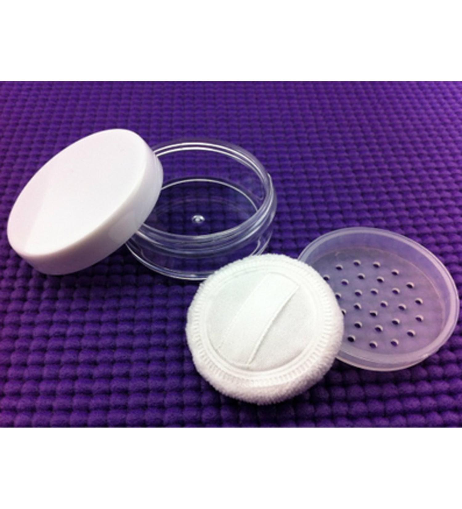 3PCs 20 g portable clear empty foundation make-up puffer puff box case container with flour sieve and powder puff loose powder jar pot white cap