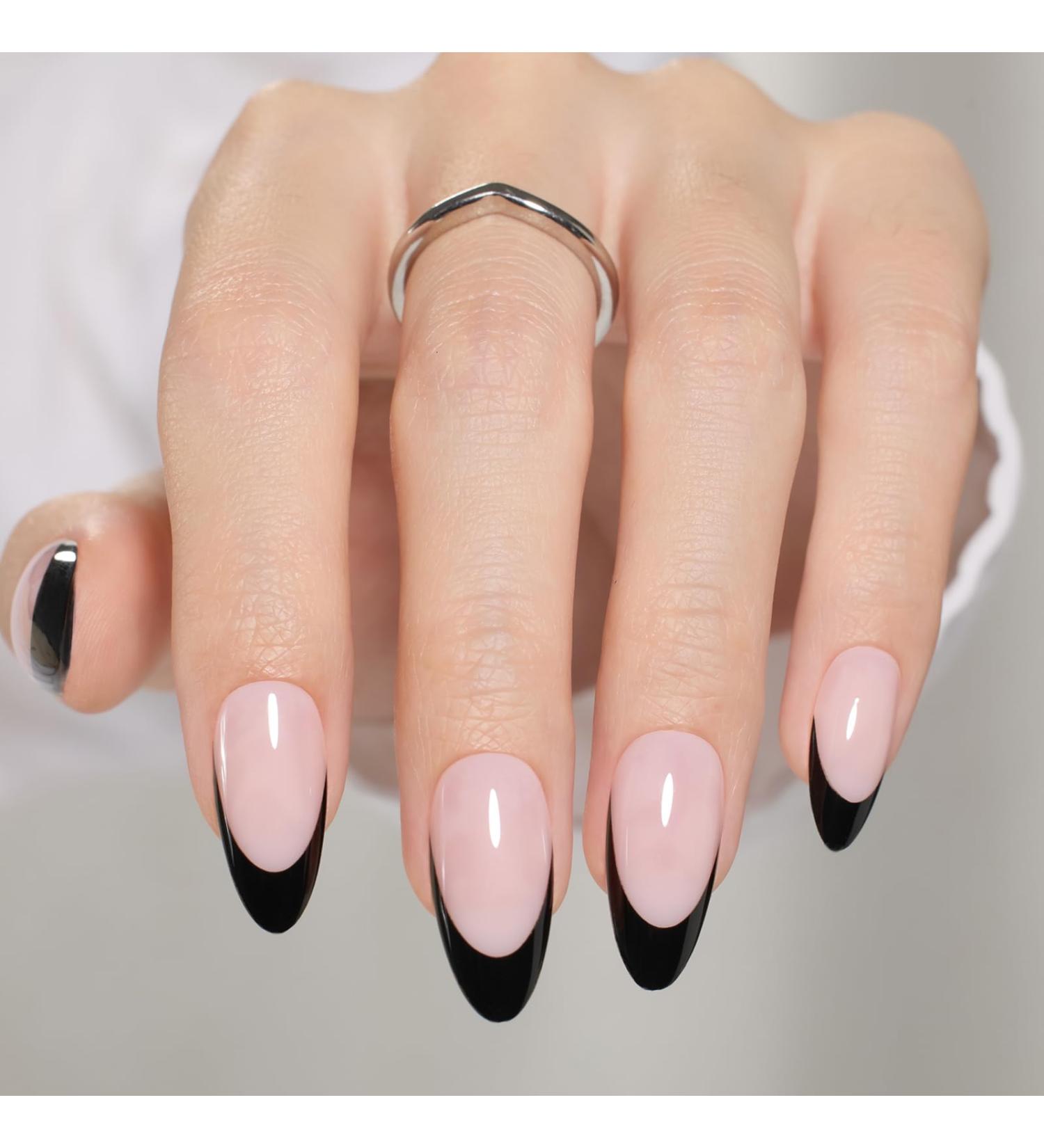 Beetles Press On Nails - 30 Pcs Medium Almond Black French Fake Nails Kit | Quick-Drying Glue & File | DIY Home Salon | Perfect Gifts for Her - Buy Online on GoSupps.com