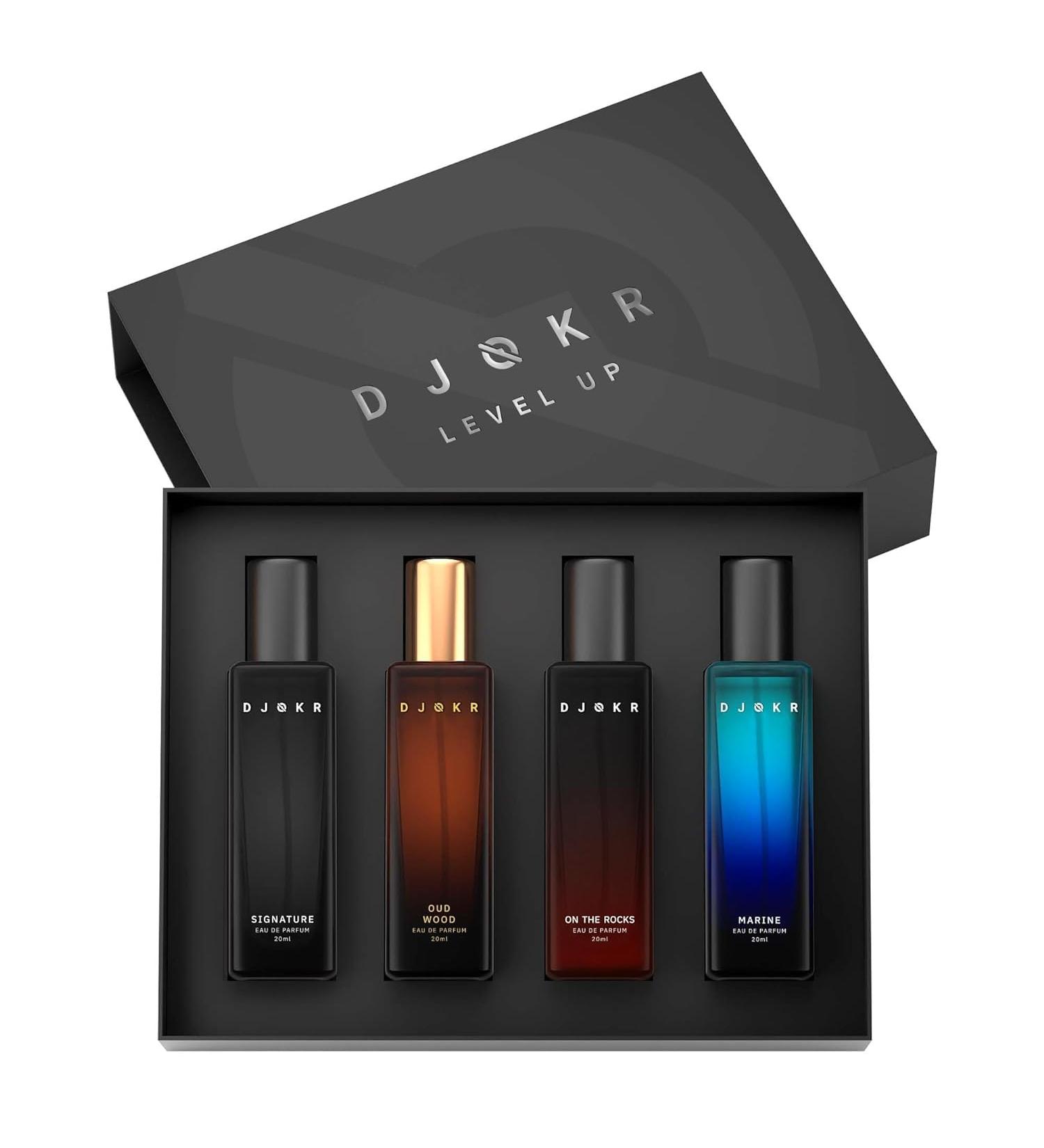 Djokr_Perfume Gift Set for Men Pack of 4x20 ML | Eau De Parfum | Premium Luxury Long Lasting Fragrance Spray | Signature On The Rocks Oud Wood Marine (4x20 ml) - Buy Online on GoSupps.com